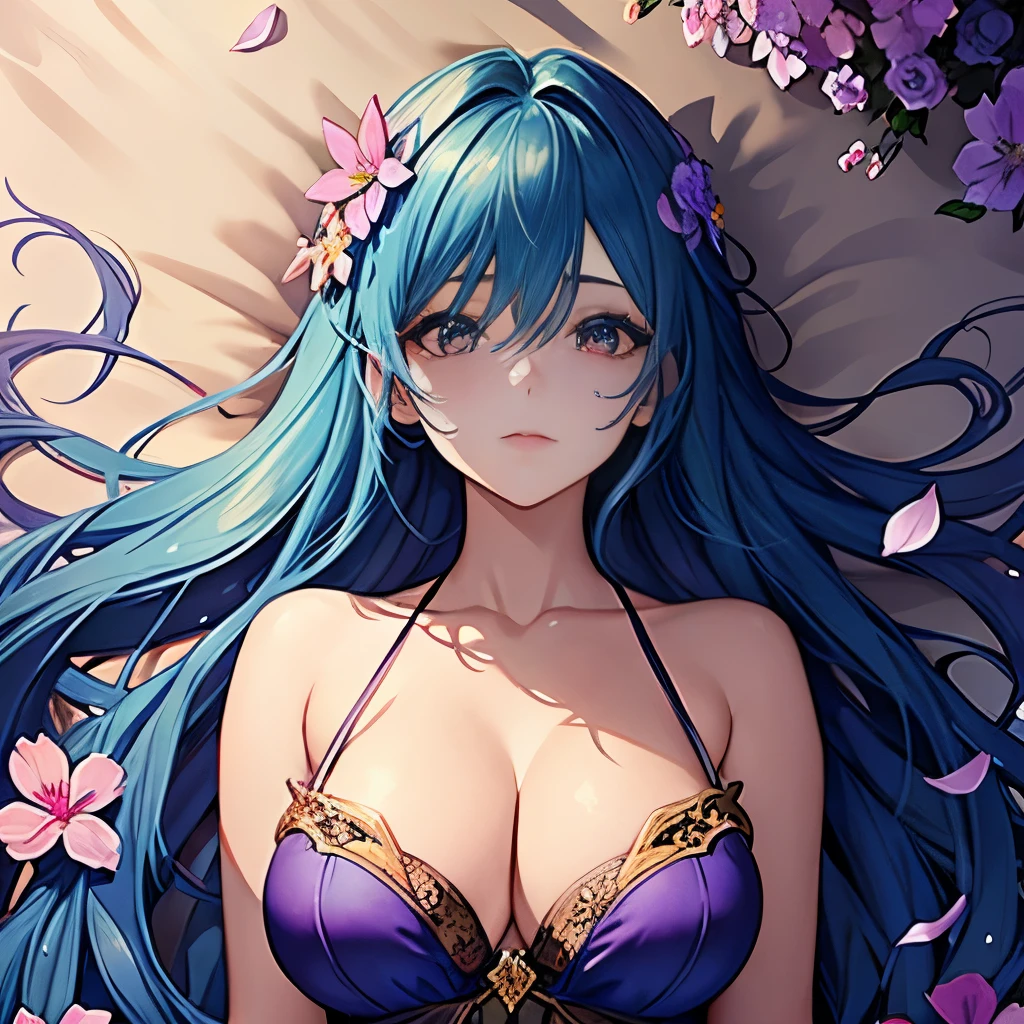 1girl, woman, blue skin color, purple wavt hair, dryad, upper body view, lush forest, petals, masterpiece, best quality, dress made of petals, facing viewer, large breasts, lying on back