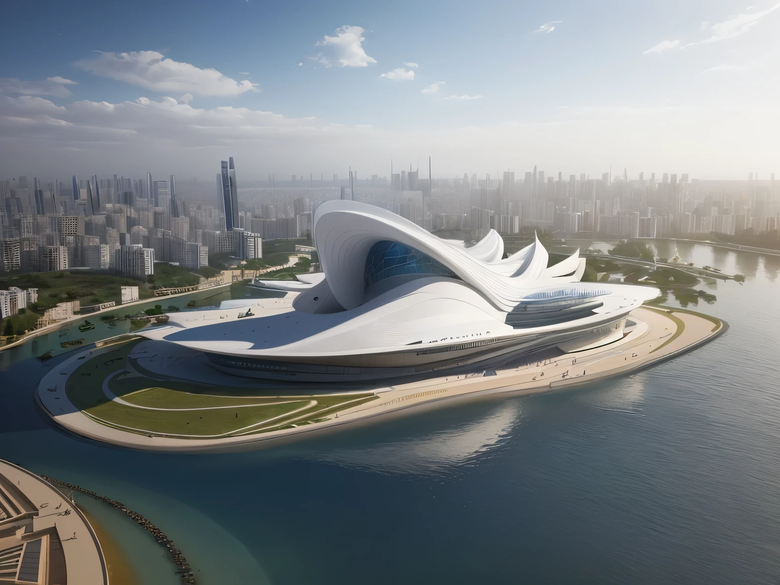((Best quality)),((masterpiece)),((realistic)), aerial view, digital painting, 3D rendering techniques, masterpiece, zaha,building, octopus, lotus, sail,Project a vision of a pyramid conceived by Zaha Hadid, with a spiraling exterior walkway that allows visitors to ascend while experiencing an evolving narrative of Egyptian history, culminating in a sky-high observation deck