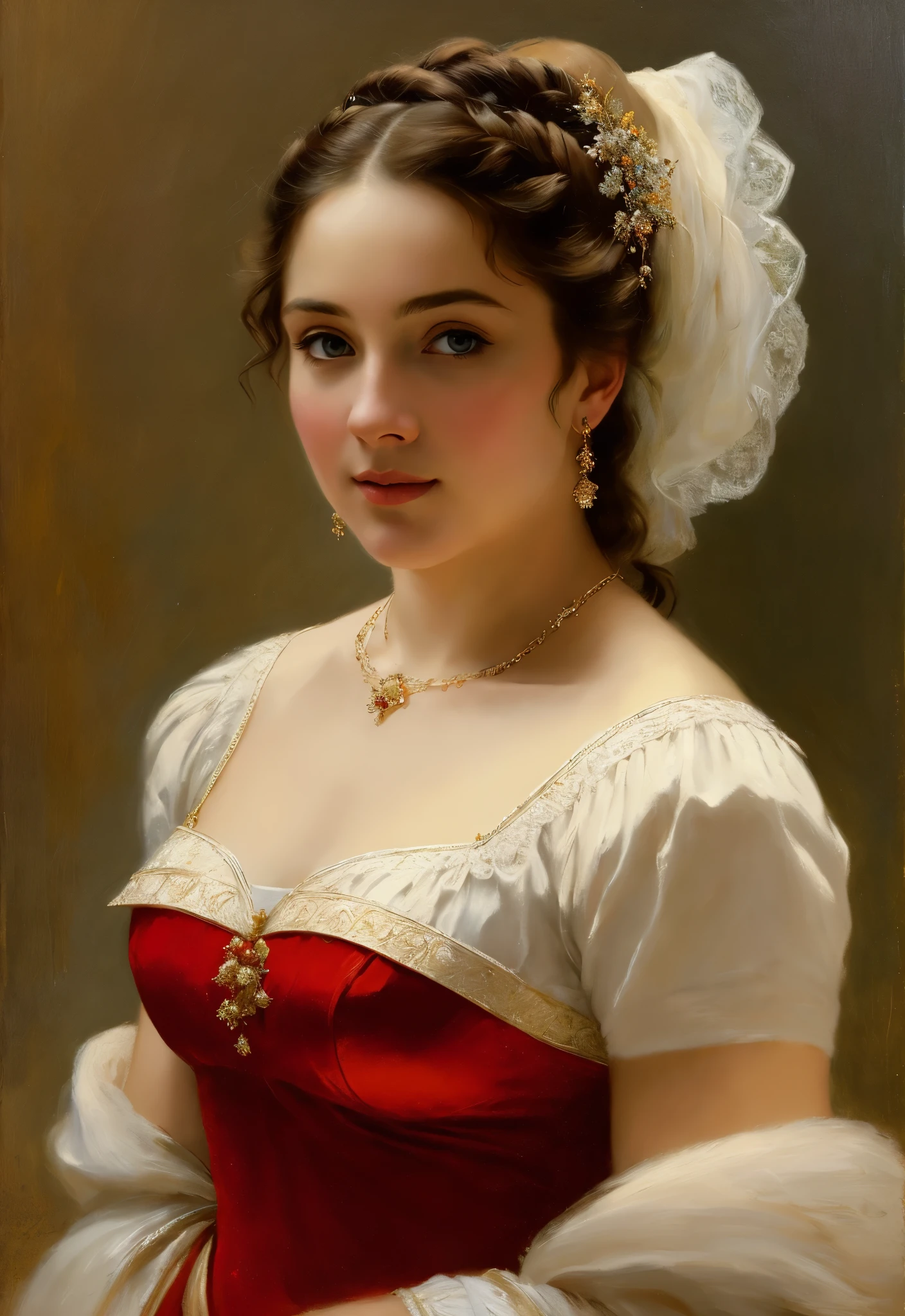Masterpiece, Best quality, Ethereal beauty, portrait, girl, 35 years old Woman, middle ages, classicism, andrey atroshenko style, painting, traditional media, realistic, figurative, fine art, oil on canvas, HDR, 8K, original character, high resolution, high detail, focus on the face