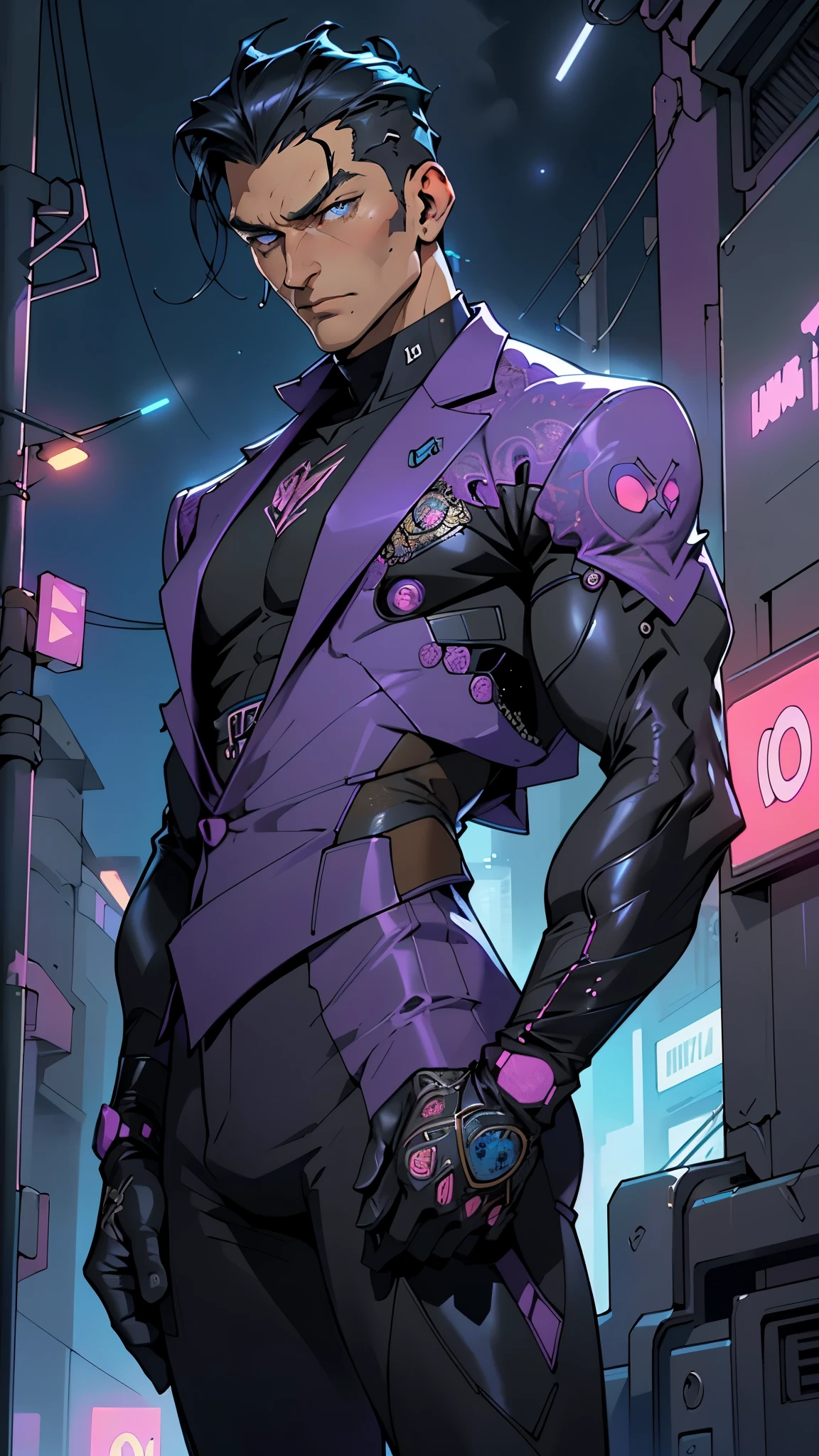 man:1.5,1 man,businessman man,(((1man))),((man with black short hair)),
(((1male,man:1.5,handsome man,male,male gender:1.5,male focus))),macho man,attractive villain,evil villain,
((slicked back hair, slicked back hair,black short haircut,)),(((lustrous skin:1.5,tanned skin,bright skin: 1.5,skin tanned,shiny skin,very shiny skin,shiny body,illuminated skin))),(((blue_eyes:1.2))),intricate eyes,beautiful detailed eyes,symmetrical eyes,((man chest)),handsome face,((muscular)),male jaw,(((detailed face))),
manly,nsfw,
cyberpunk businessman, ((Business suit:1.5)), futuristic businessman,((bulge in pants)),((dark purple and black suit:1.2)),(elegant suit),((wet clothes,intricate outfit,intricate clothes,intricate suit,ornate outfit,ornate clothes,ornate suit,embroidered outfit,embroidered clothes,embroidered suit,dragon embroidery)),
(dynamic pose:1.0),solo focus,((smug)),(centered,scale to fit dimensions,Rule of thirds),
cyberpunk city by the ocean at night, with bright neon signs and dark stormy clouds and puddles, scenery:1.25,nighttime, starry night, cosmos,Very dark night that makes the neon lights stand out, very bright neon lights,nighttime, starry night, cosmos,
highres, sharp focus, (ultra detailed, extremely detailed), (photorealistic artwork:1.37),(extremely detailed CG unity 8k wallpaper),((synthwave background theme)),(((vibrant colors))),(intricate background),(masterpiece),(best quality),