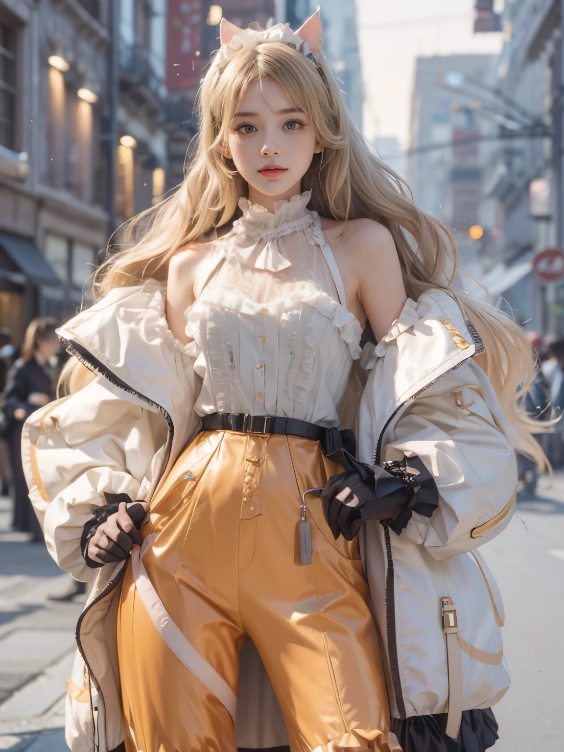 superbly fine details, 8k photos, Surreal, Professional lighting, realistic background, visual depth, background bokeh, Wide-angle lens, whole body, (13 years old, Lovely, Change, flat chest, cat ears), 1 girl, Colored eyes, blonde hair, (Lolita Fashion: 1.5), (lace, frilly shirt, White petticoat, sports shoes), (stuffed toys), pink Lovely backpack, street, Fashion
