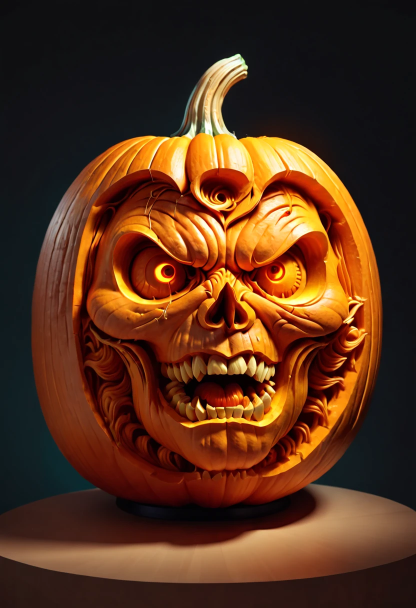 Pumpkin Carving design style, Museum Exhibition Work, Mecha by Katsuhiro Otomo and Yoji Shinkawa Carved on Pumpkin, full body, octane render, (best quality, masterpiece, Representative work, official art, Professional, 8k:1.3)