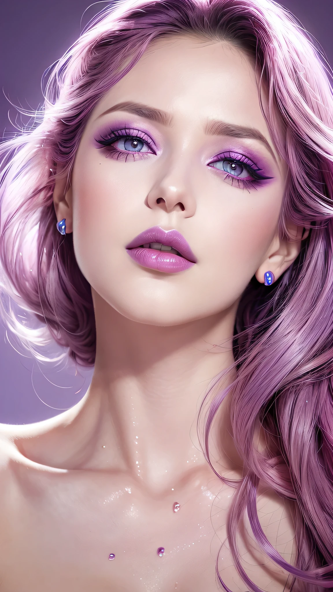 arafed woman with a purple eye shadow and a pink lip, portrait color glamour, beauty retouch, lavender and pink eyes, sexy face with full makeup, pink and blue colour, make up, make - up, make-up, jaw-dropping beauty, pastel makeup, sultry look, jaw dropping beauty, wet make - up, glam make-up