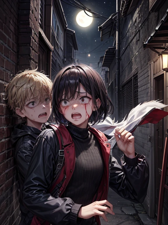 (masterpiece), best quality, high quality, dynamic light, 1boy, scared expression, open mouth, clenched teeth, upper body, face focus, bloodstains everywhere, bloodstains on the walls, night sky, dark alley, horror, from side