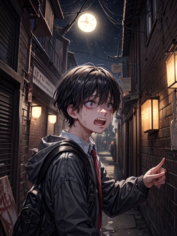 (masterpiece), best quality, high quality, dynamic light, 1boy, scared expression, open mouth, clenched teeth, upper body, face focus, bloodstains everywhere, bloodstains on the walls, night sky, dark alley, horror, from side