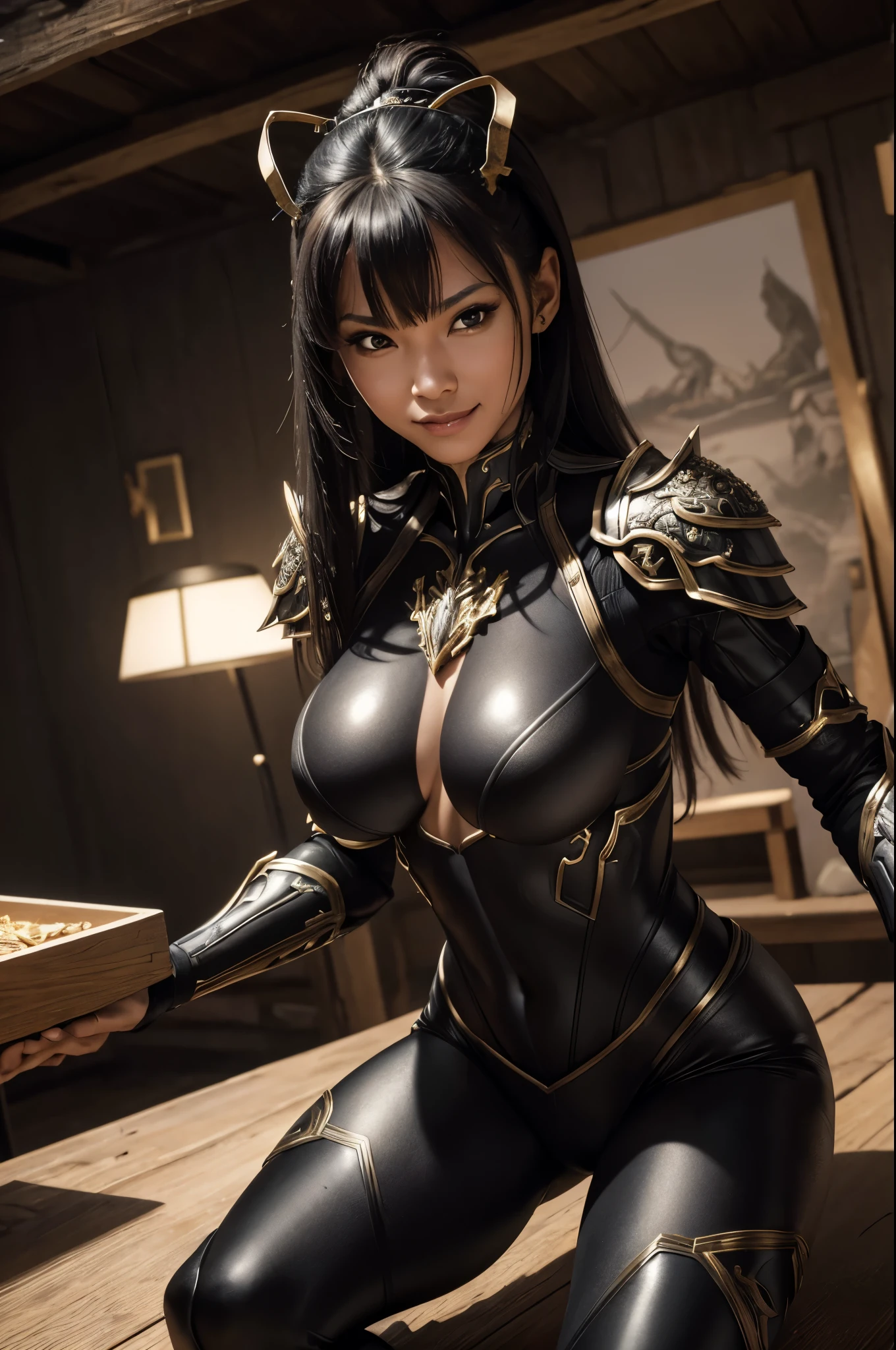 8K,Thin, muscular ant queen,((highest quality)), ((table top)), ((realistic)), Anthropomorphism of ants, Women who did, artistic anatomic hands, Artistic anatomy, black eye, woman's face, , sharp focus, studio, intricate details, very detailed, Big black eyes, figure, very detailed, sharp focus, digital rendering, Professional, 8K beautiful expression Super A high resolution big breasts,skin that looks real,Black Sexy Combat Suit,gorgeous black pants,いたずらなsmile,Ant antennae on head,ant emblem decoration,accurate heraldic work,30 year old woman,battle scene,action scene,realistic戦闘,action pose,smile,in the forest,Severely cracked abdominal muscles,realistic skin,sexy big breast chest armor,Black and silver armor,