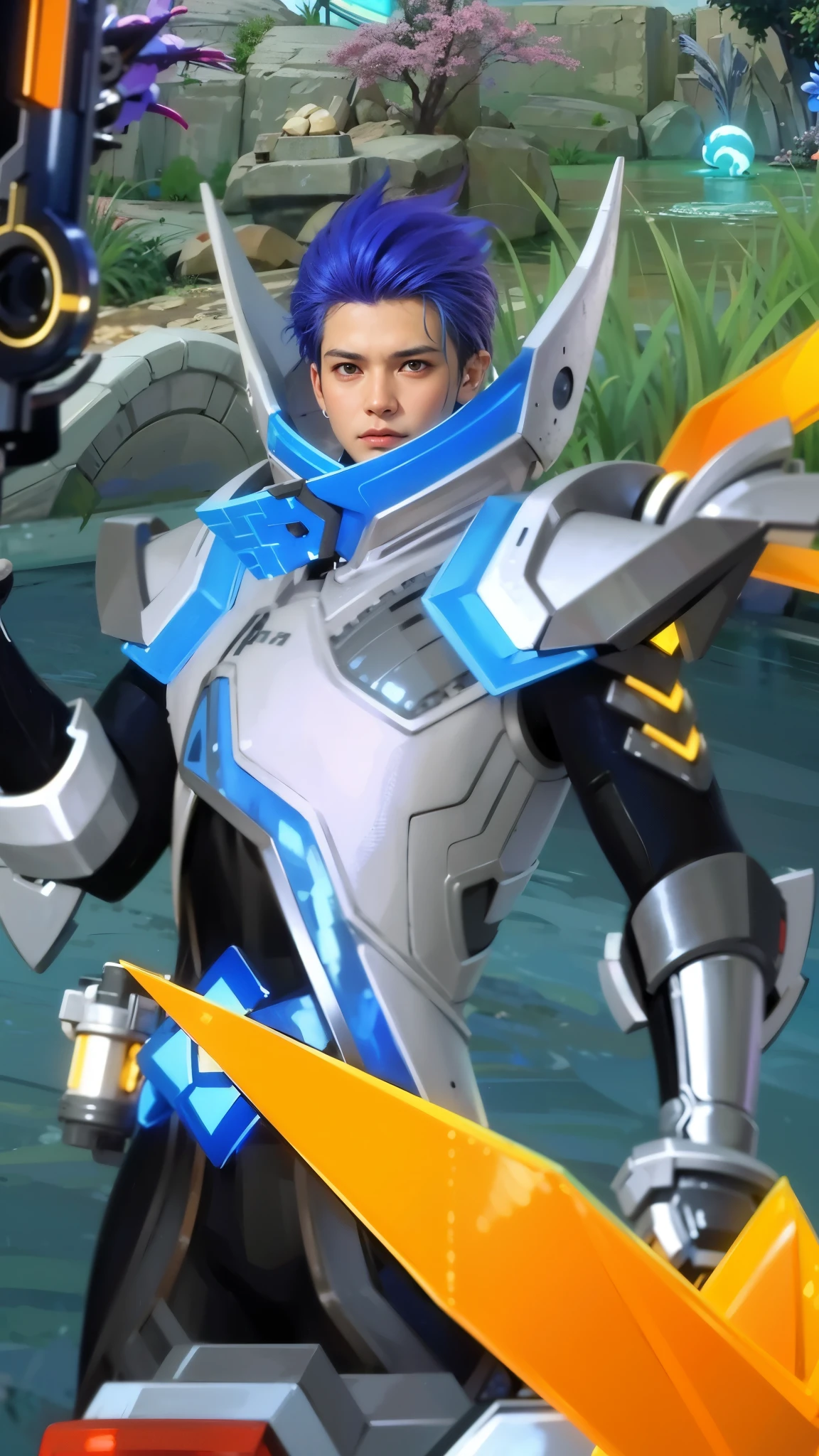 1boy,blue hair, best quality, photo, 4k,looking at viewer,full body,wear red armor,