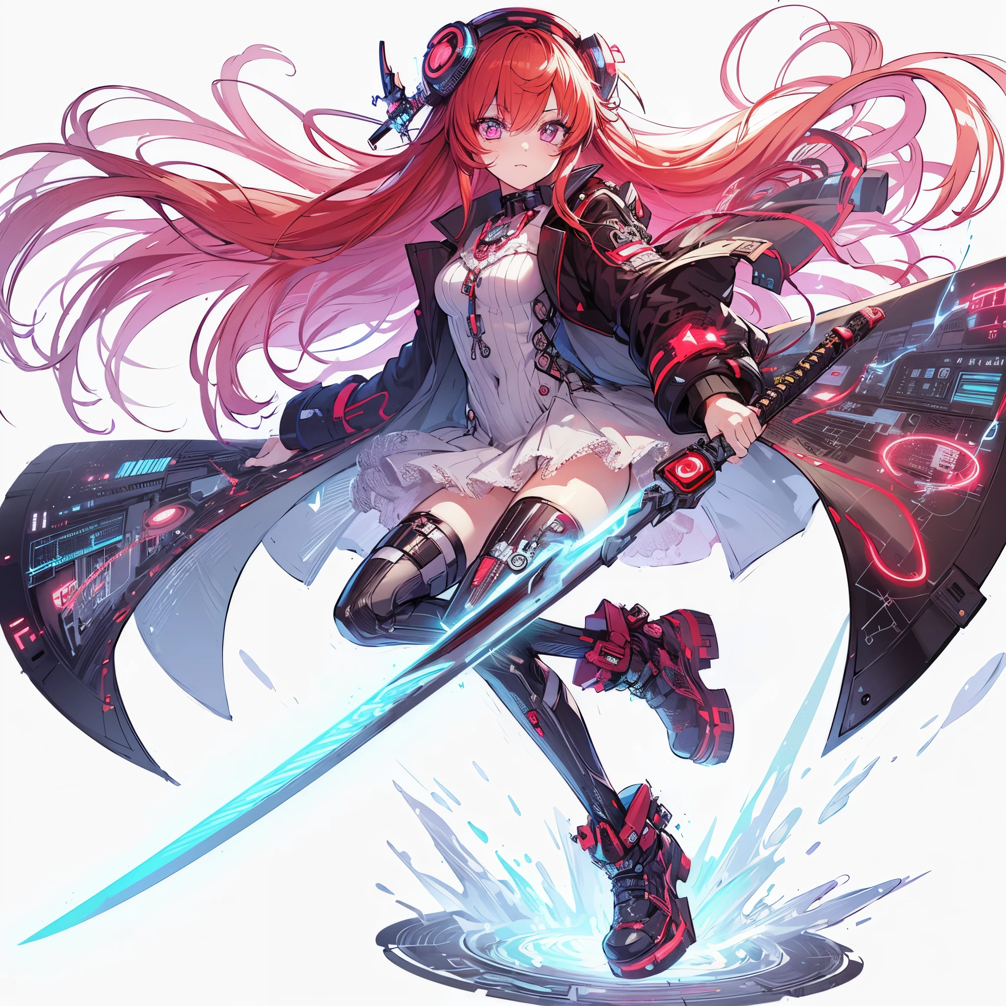 (Masterpiece, best quality), ultra-detailed, full-bodied cyber punk magical girl, hold on high tech energy KATANA, red hair, glowing white eye, cute girl outfit, cyber hi-tech boots, high resolution, digital painting, 8k high resolution, trending art station, white background, whole body.