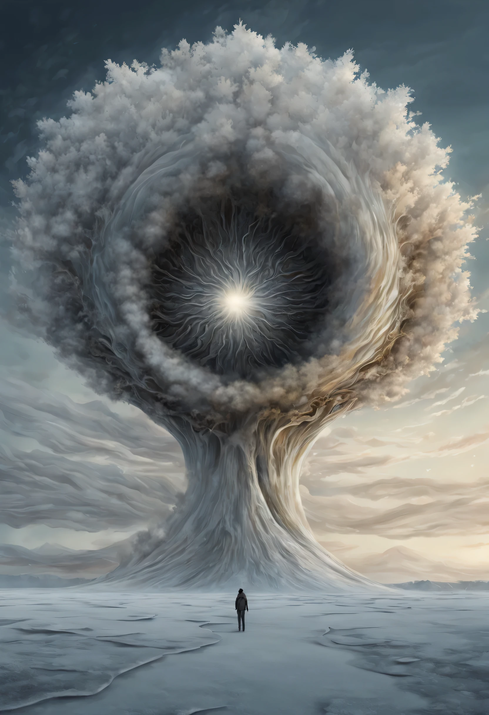 Digital art, realistic image that resembles the following lyrics: "I am nothing but the sum of my regret
Anchored to this hollow shell, numbness swallows me
Flooding horizons in a blaze of frost and snow
Lost in the folds inside the infinite dreamscape
On the precipice of where worlds collide
Remind me of the feeling lost in the distance
Cleanse me of this soulless existence" 