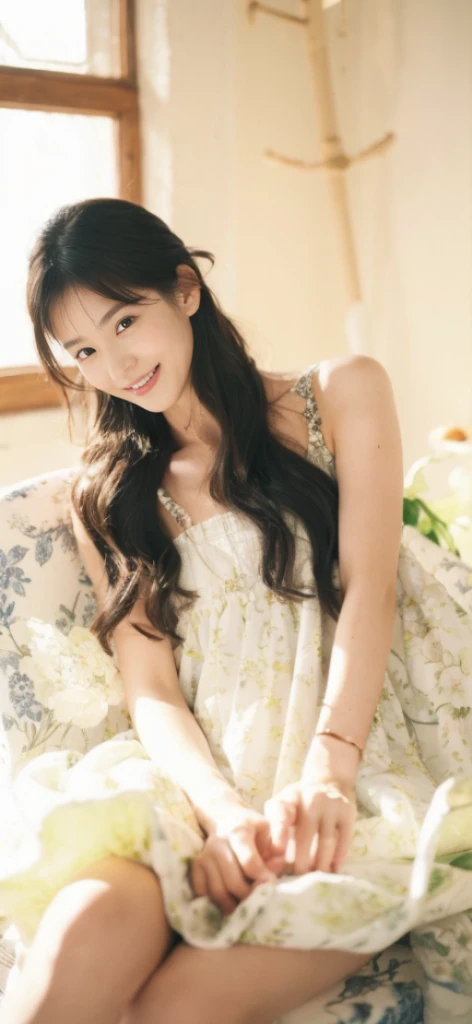 (on the table, best quality, realistically, Super detailed, meticulous, high resolution, 8k wallpaper), Close-up portrait of a beautiful woman, Chariada, smiling, light brown messy hair, Perfect dynamic composition, 美丽meticulous的眼睛, Just like the cover of a fashion magazine, on campus