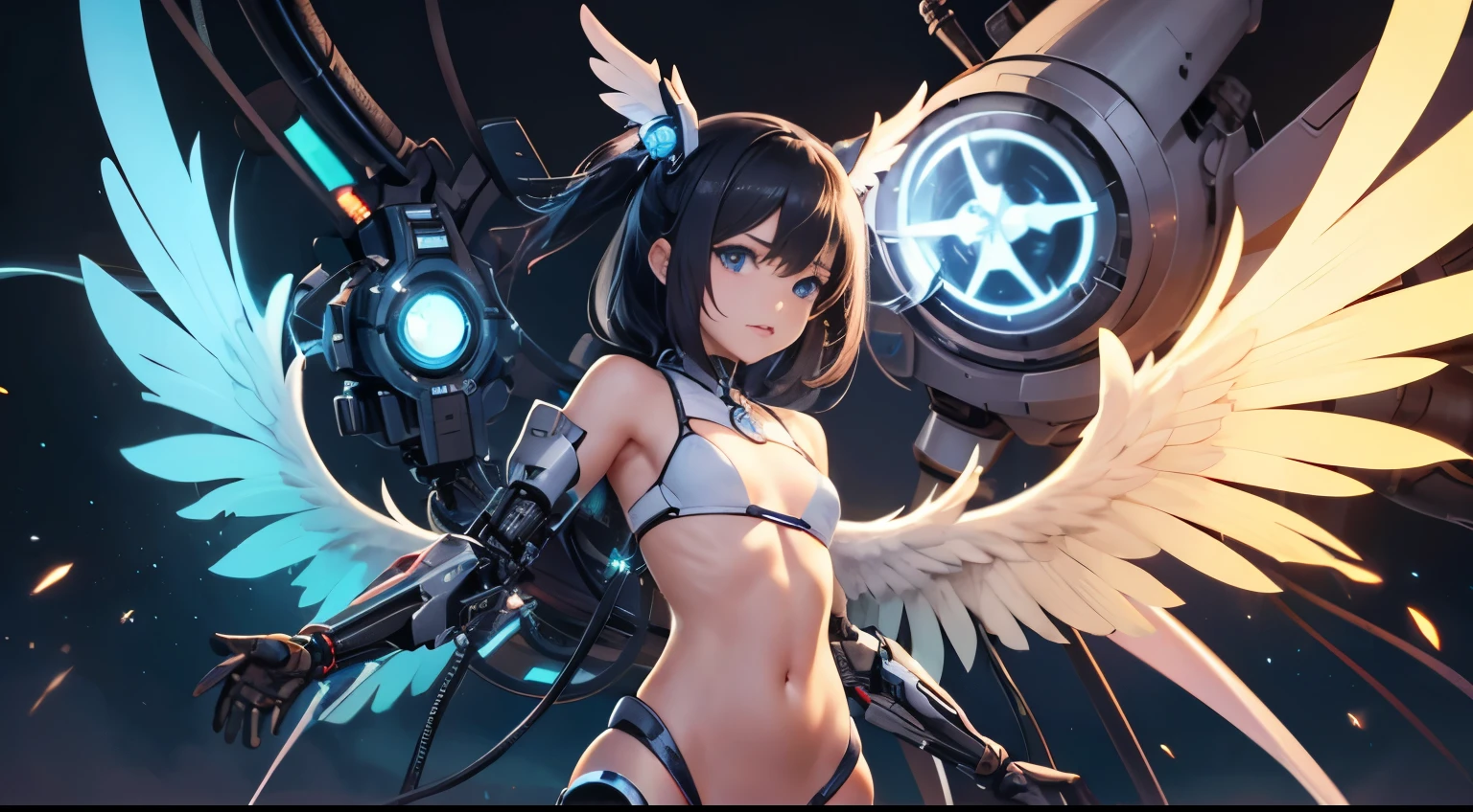 ultra realista idade 8 anos , infant body black hair blue eyes sem expressão, cybernetic cyborg arm the rma , luz no meio do peito , cybernetic wings energia azul semi-nua, no-bra , corpo cyborg danificado , fazendo sinal de paz com as maos , tubos nos seios , torax conected power cablles .