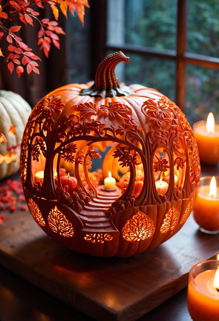 night，micro landscape，Pumpkin carved with fun forest pattern，pumpkin lantern，南瓜内的micro landscape，Beautiful carvings on pumpkineautiful pattern，hollow，Warm candle flame inside pumpkin，Red tassel decoration，Pearl decoration，Chinese elements，Pumpkin vine