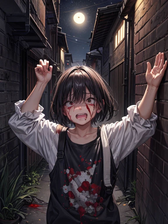 (masterpiece), best quality, high quality, dynamic light, 1boy, scared expression, open mouth, clenched teeth, upper body, face focus, bloodstains everywhere, bloodstains on the walls, night sky, dark alley, horror, from side