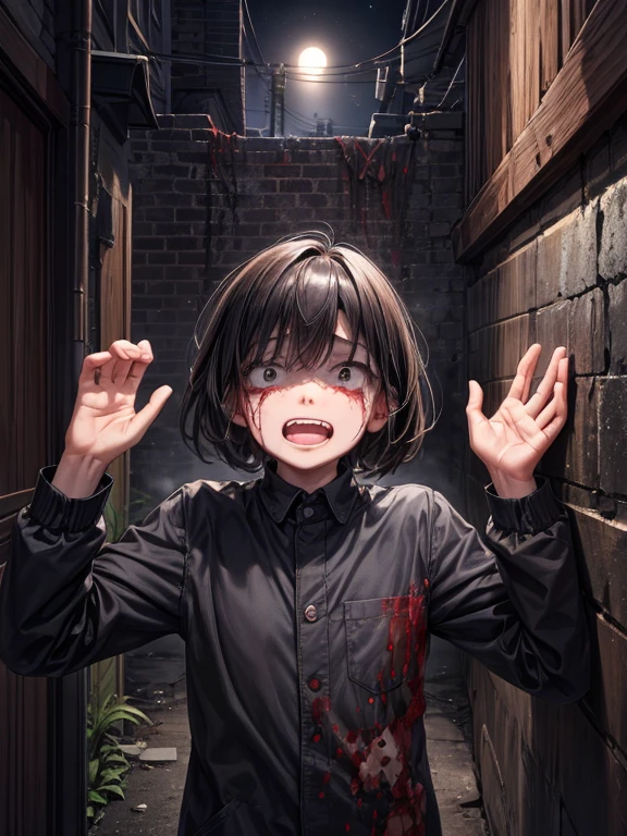 (masterpiece), best quality, high quality, dynamic light, 1boy, scared expression, open mouth, clenched teeth, upper body, face focus, bloodstains everywhere, bloodstains on the walls, night sky, dark alley, horror, from side