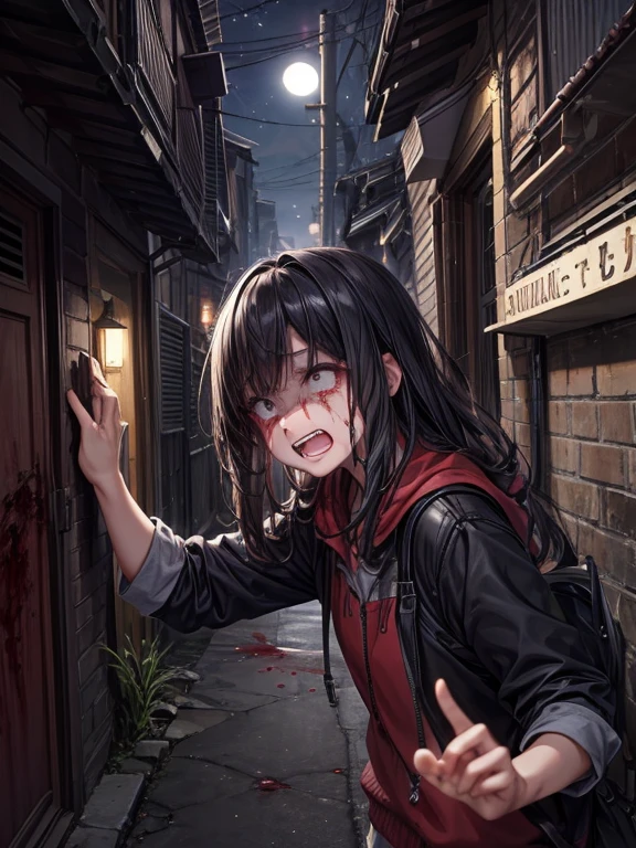 (masterpiece), best quality, high quality, dynamic light, 1boy, scared expression, open mouth, clenched teeth, upper body, face focus, bloodstains everywhere, bloodstains on the walls, night sky, dark alley, horror, from side