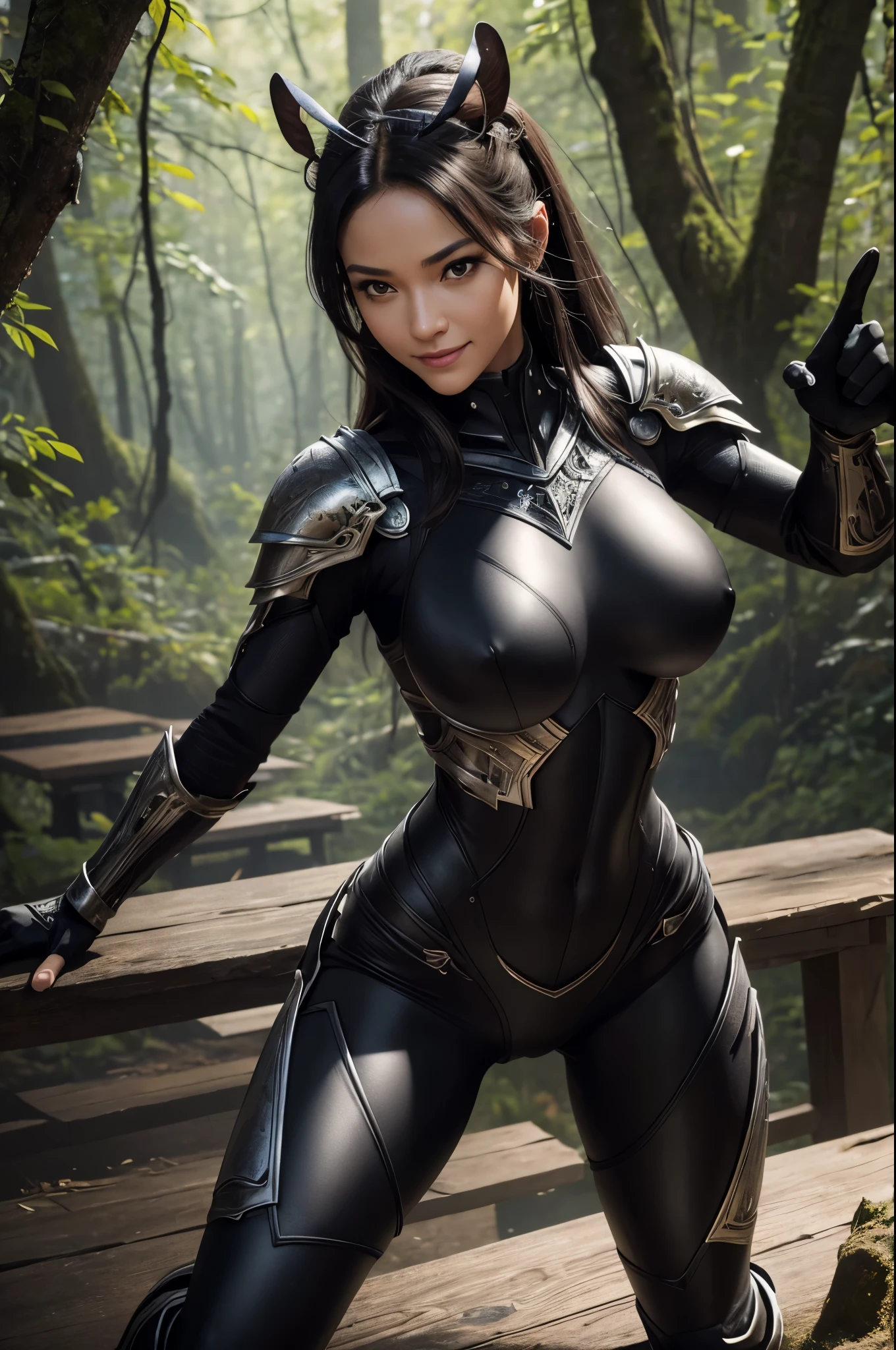 8K,Thin, muscular ant queen,((highest quality)), ((table top)), ((realistic)), Anthropomorphism of ants, Women who did, artistic anatomic hands, Artistic anatomy, black eye, woman's face, , sharp focus, studio, intricate details, very detailed, Big black eyes, figure, very detailed, sharp focus, digital rendering, Professional, 8K beautiful expression Super A high resolution big breasts,skin that looks real,Black Sexy Combat Suit,gorgeous black pants,いたずらなsmile,Ant antennae on forehead,ant emblem decoration,accurate heraldic work,30 year old woman,battle scene,action scene,realistic戦闘,action pose,smile,in the forest,Severely cracked abdominal muscles,realistic skin,sexy big breast chest armor,Black and silver armor,sexy pose,