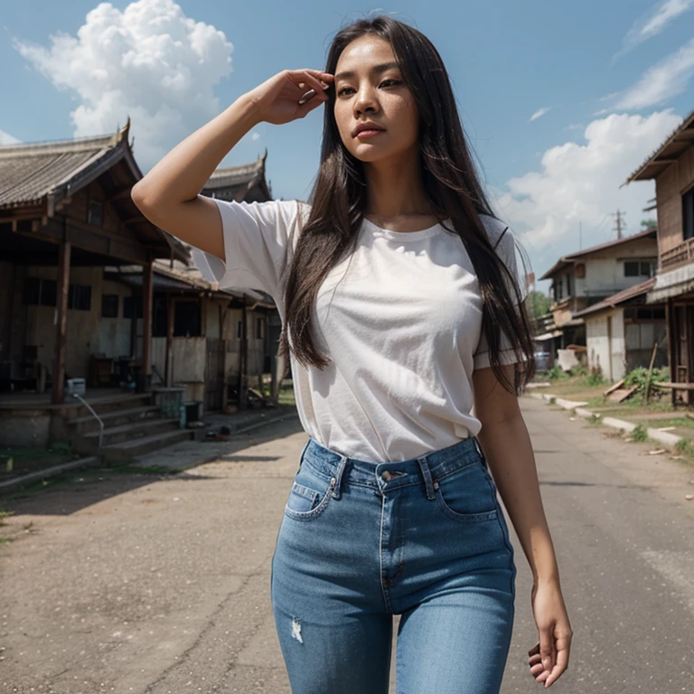 Thai Woman, look at viewer, long hair, shirt, jeans, cloud, day, sky,outdoors, post-apocalypse,