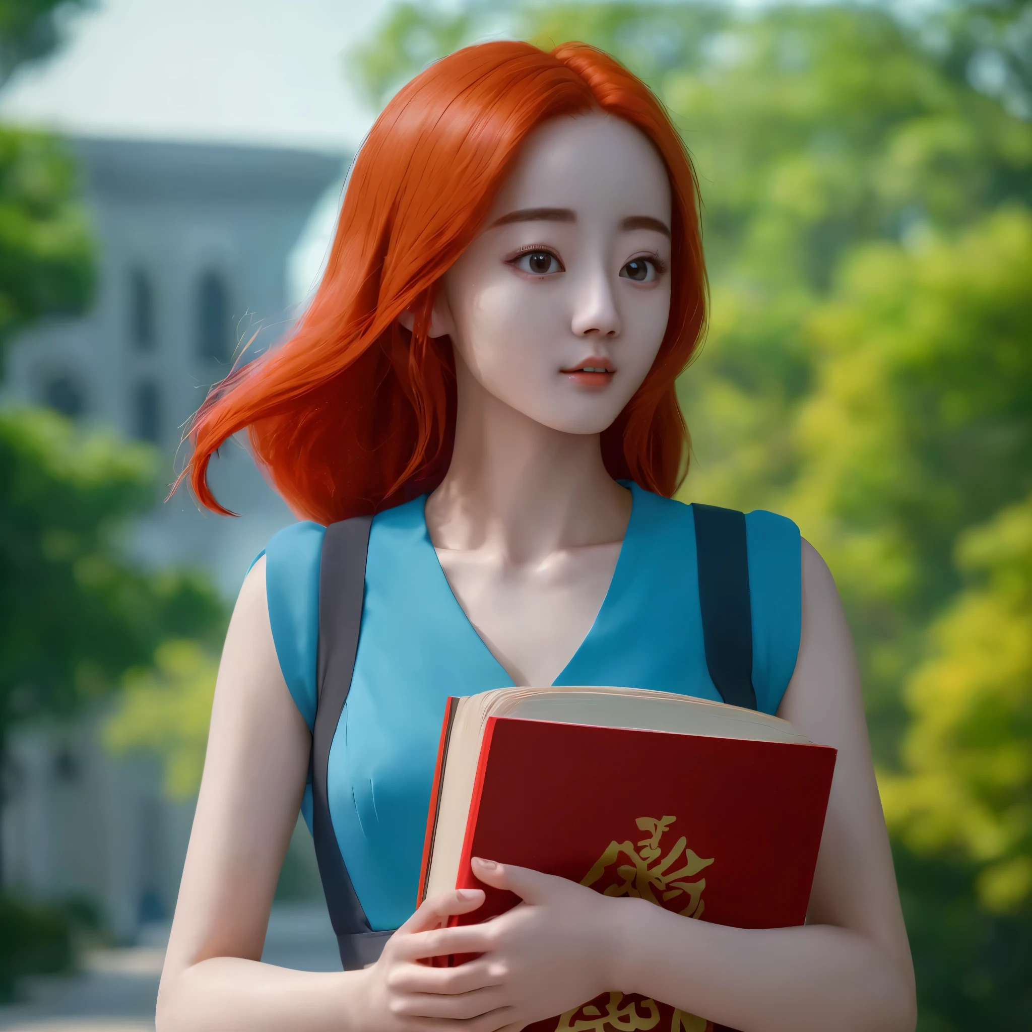 (best quality,4k,8k,highres,masterpiece:1.2),ultra-detailed, red haired Chinese college student, Dilraba Dilmurat, walking on campus. blue sundress, carrying books HDR, 8k, absurdres, cinestill 800, sharp focus