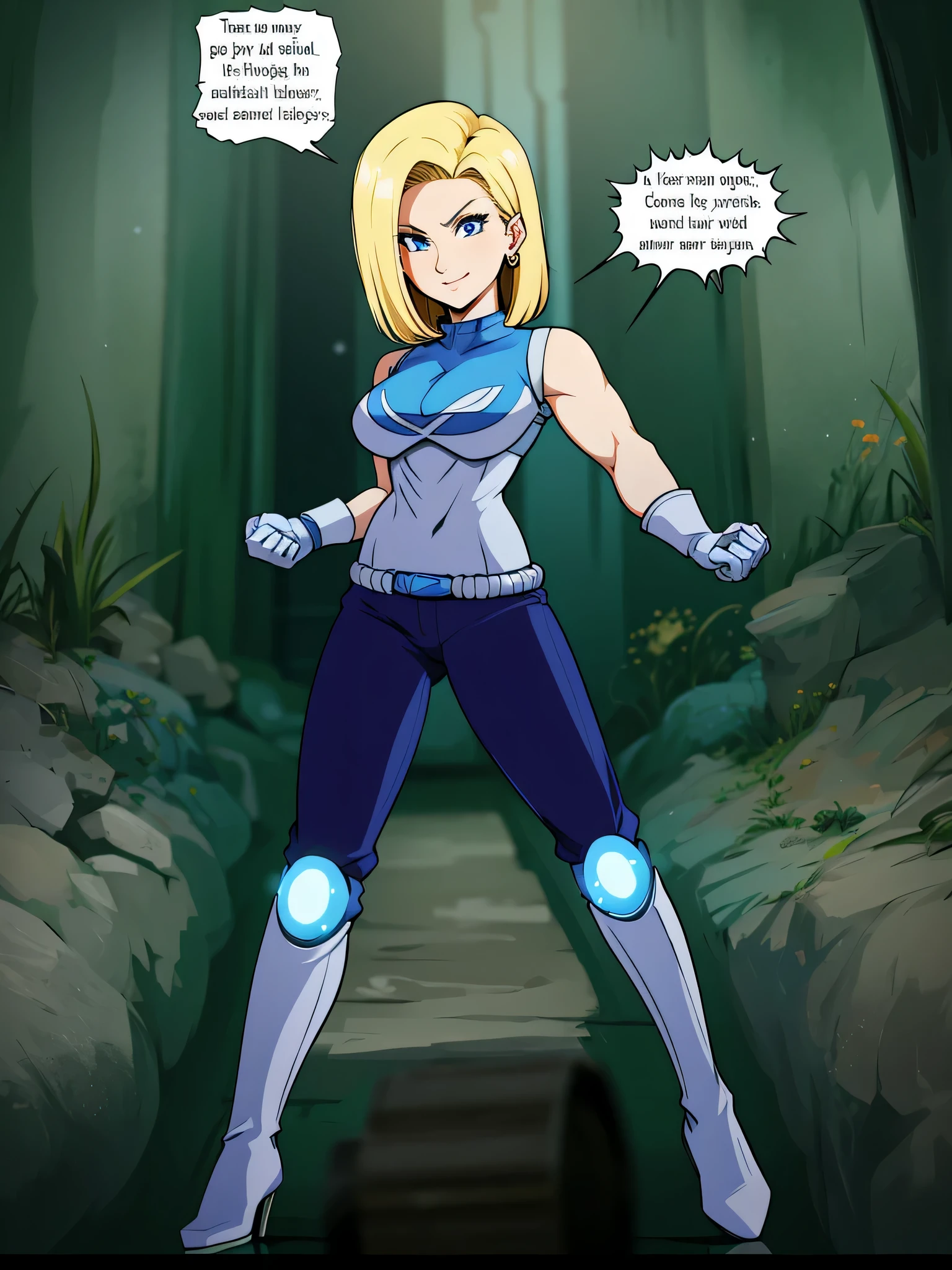 Android 18 dans une tenue bleue, héroïne rétro futuriste, cheveux blonds courts, yeux bleus, Boucles d&#39;oreilles dorées, Sourire démoniaque, regardant de côté, les yeux sur le haut de la poitrine