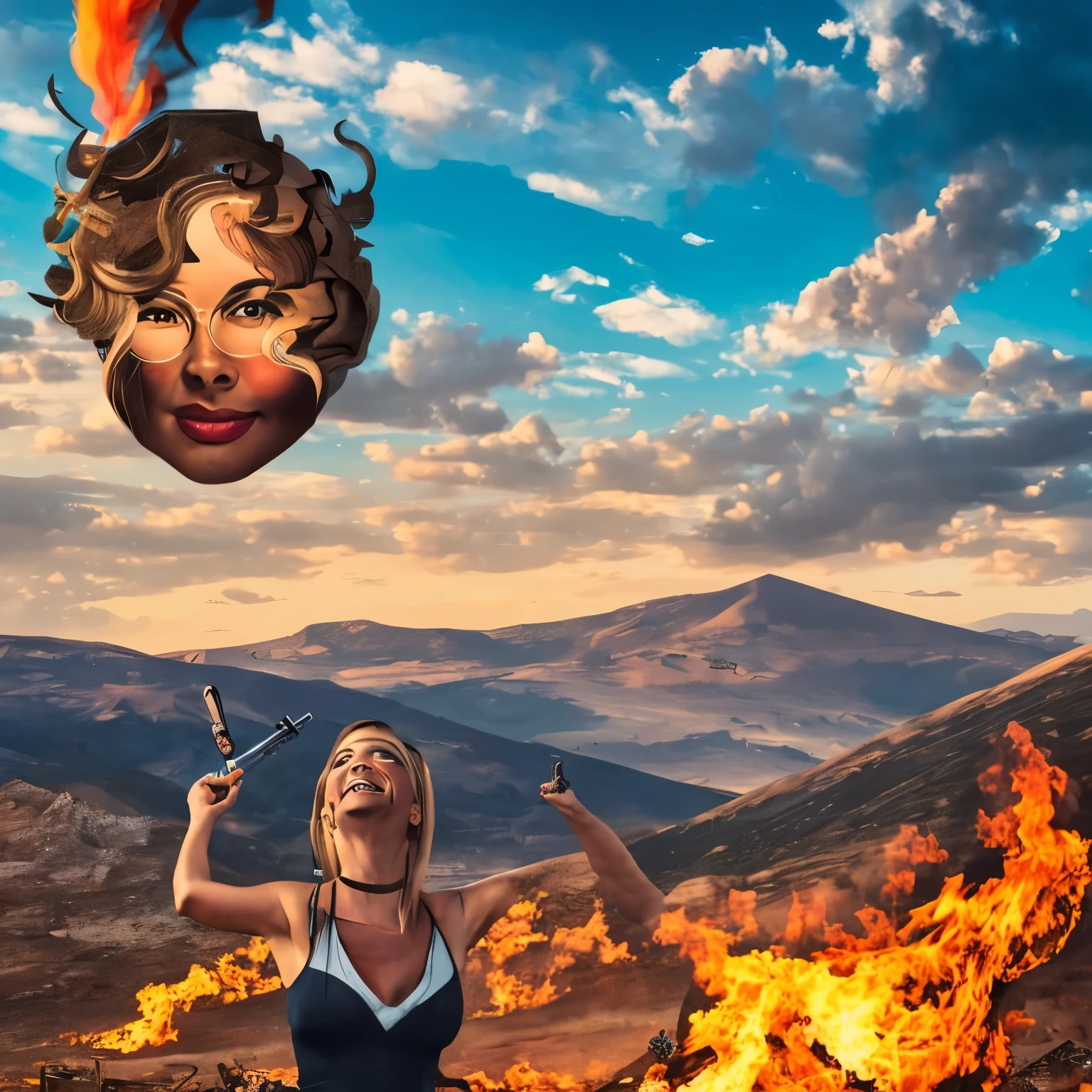 surrealist grind house poster with a woman's face smiling mockingly fire in the background sky in an isolated place post apocalyptic psychedelic style experimental surrealist style