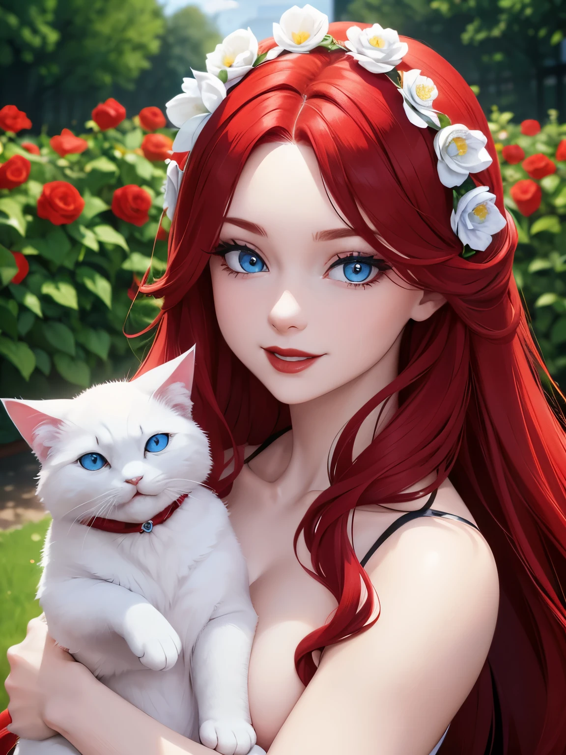 A woman with long red hair, blue eyes, red lipstick, holding a white-furred, blue-eyed cat, a flower garden scene, his face was so perfect. The details are clear. Up to 8K resolution, perfect details perfect face smile