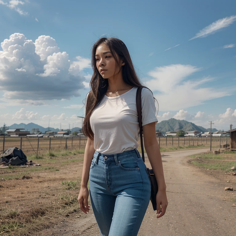 Thai Woman, look at viewer, long hair, shirt, jeans, cloud, day, sky,outdoors, post-apocalypse,