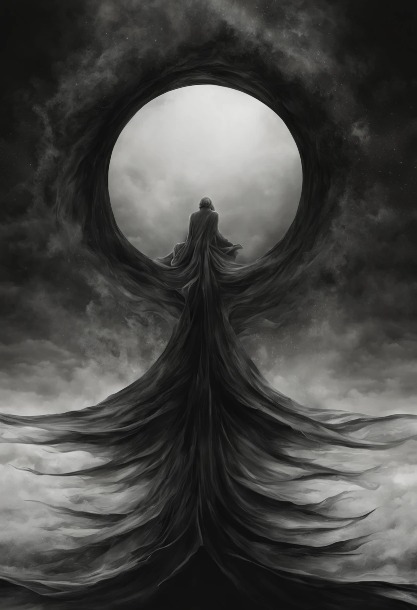 Digital art, black tones, realistic shadows, sad, realistic image that resembles the following lyrics: "I am nothing but the sum of my regret Anchored to this hollow shell, numbness swallows me Flooding horizons in a blaze of frost and snow Lost in the folds inside the infinite dreamscape On the precipice of where worlds collide Remind me of the feeling lost in the distance Cleanse me of this soulless existence"