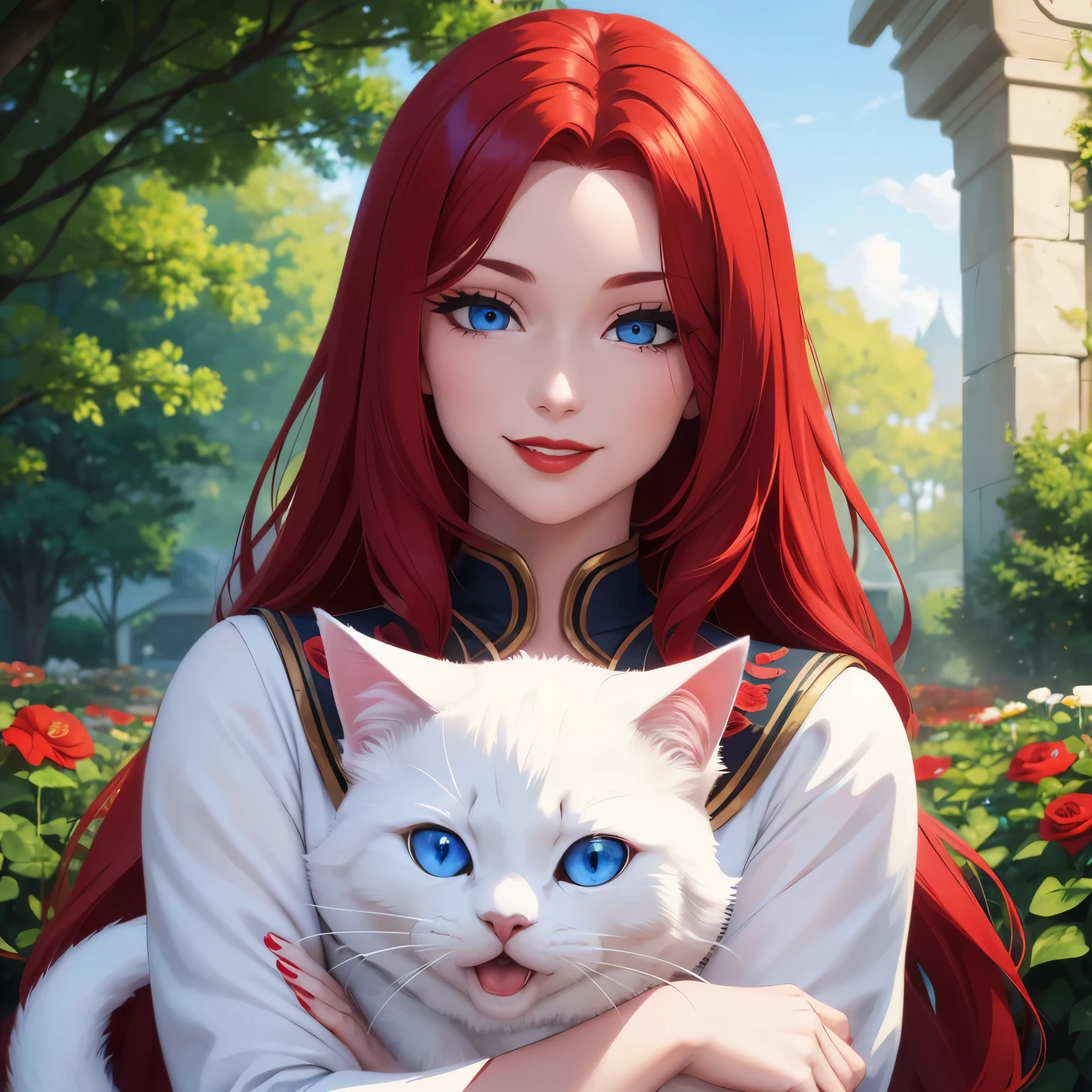 A woman with long red hair, blue eyes, red lipstick, holding a white-furred, blue-eyed cat, a flower garden scene, his face was so perfect. The details are clear. Up to 8K resolution, perfect details perfect face smile