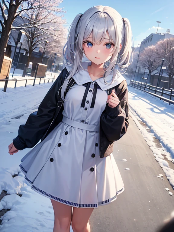 Chica adolescente con pelo blanco como la nieve y ojos plateados como la plata vistiendo un vestido adorable mientras camina por el parque