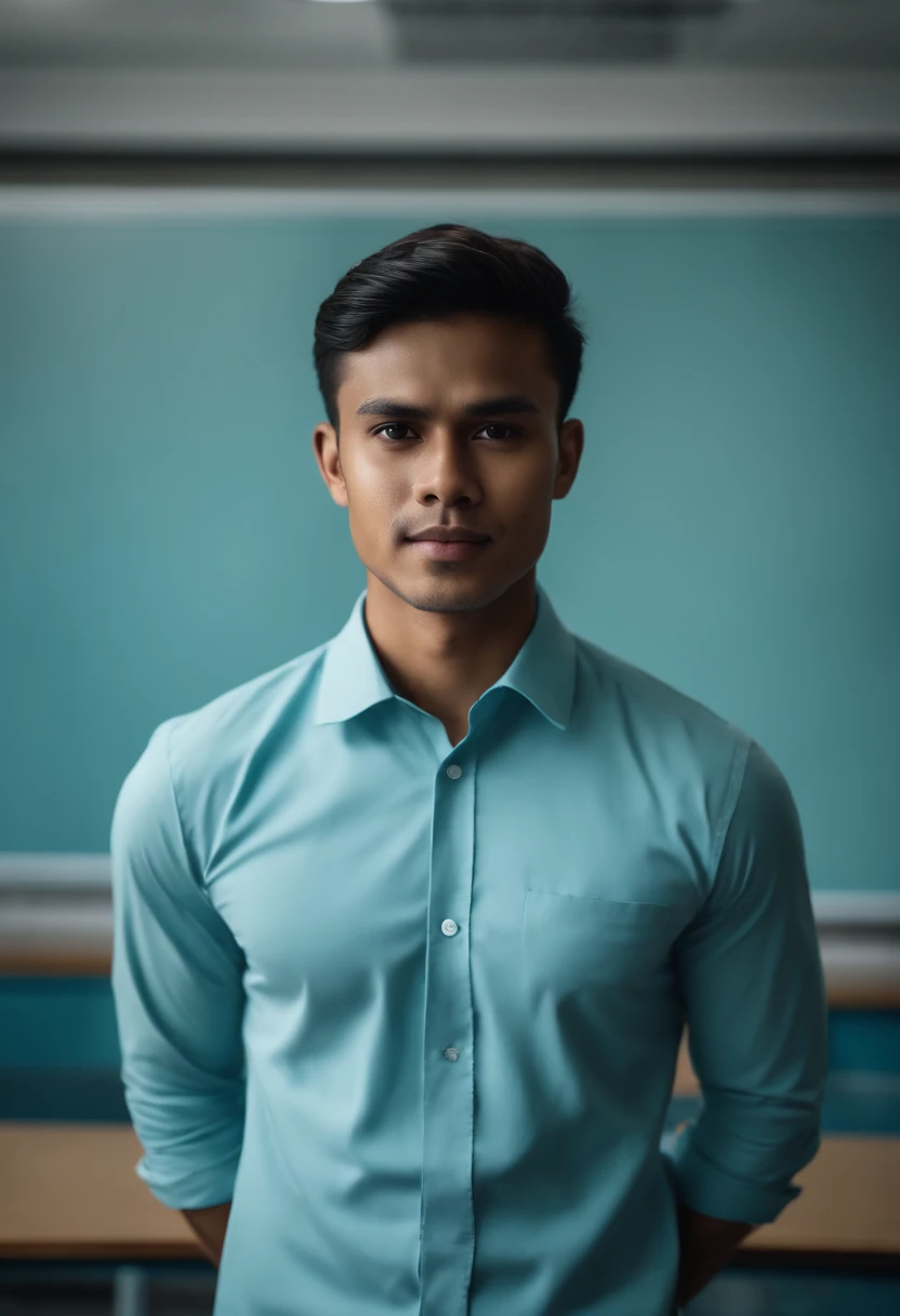 Portrait of a young malay male teacher standing, fit body, wearing sky blue shirt, turqouise suit, blurred classroom background. hands in his pocket. detailed, high resolution.