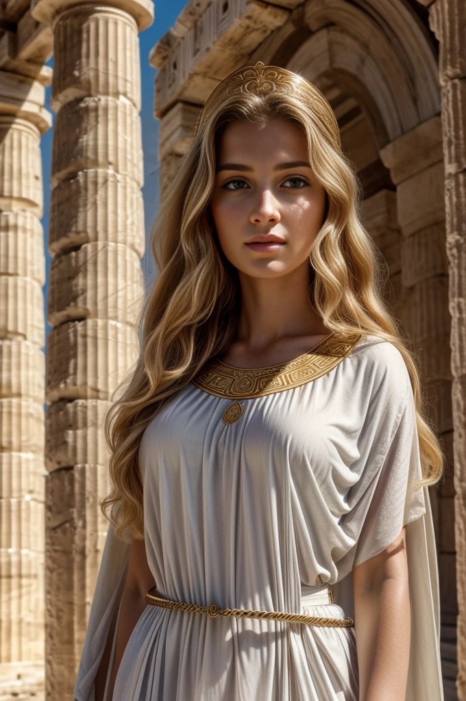 Masterpiece, a beautiful 25 years old Helen of Troy in her palace, long wavy strawberry blonde hair, ancient greek haircut, she has a greek face with detailed eyes light grey-blue, (wearing an ancient greek doric tunic, wearing a Strophion, wearing a Peplos, wearing a full set of ancient greek jewelry:1.3), slender body, 1girl, purity, skin pores texture, ultra high res.photorealistic, UHD , Photography, movie, cinematic, 8k, RAW, natural lighting, depth of field, film grain, wrinkled skin, pale skin, sharp, detailed and realistic full body shot, staring at camera, noble, chapped lips, soft natural lighting, magical photography, dramatic lighting, Leica 50mm, detailed Troy Palace in the background, sunny day