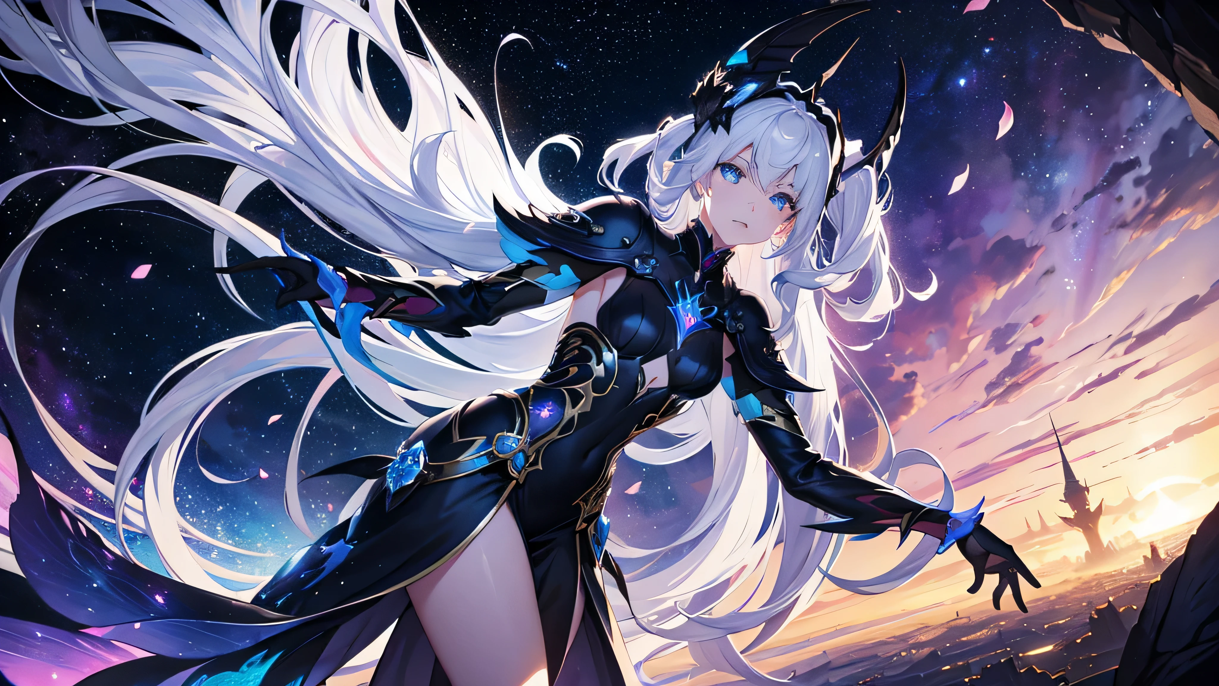 1Dragon Girl,silbernes langes Haar,blaue Augen,mittlere Brust,schwarze Kleidung,Universe-colored dragon wing on the back,Illustration,detaillierte Skalen,scharfer Fokus,ultradetailliert,fotorealistisch,lebendige Farben,Portraits,Studiobeleuchtung,Mondlicht,Hauch von Geheimnis,anmutige Haltung,Fantasielandschaft,night garden,leuchtende Blumen,Flying petals,enchanted atmosphere,Bunter Nebelhintergrund
