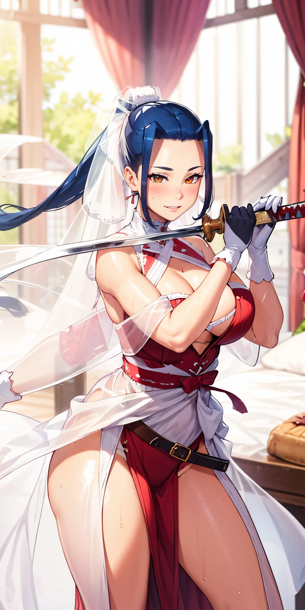 blue hair, ponytail, brown eyes, breasts, epic art, fantasy, breasts, solo, (shaded face:1.2), hollow eyes, (x-shaped eyes, symbol shaped eyes, cross eyes), looking at viewer, embarrassed, lips, makeup, brown eyes, blush face, steaming face, clenched teeth, 1girl, gloves, veil, bridal_veil, white_gloves, elbow_gloves, cleavage, looking_at_viewer, thick_thighs, huge_breasts, bare_shoulders, see-through, thighs, solo, curvy, wedding_dress, dress, dim light, bedroom, forehead, field, reflective water, wet, sweating, steaming body, holding katana,
