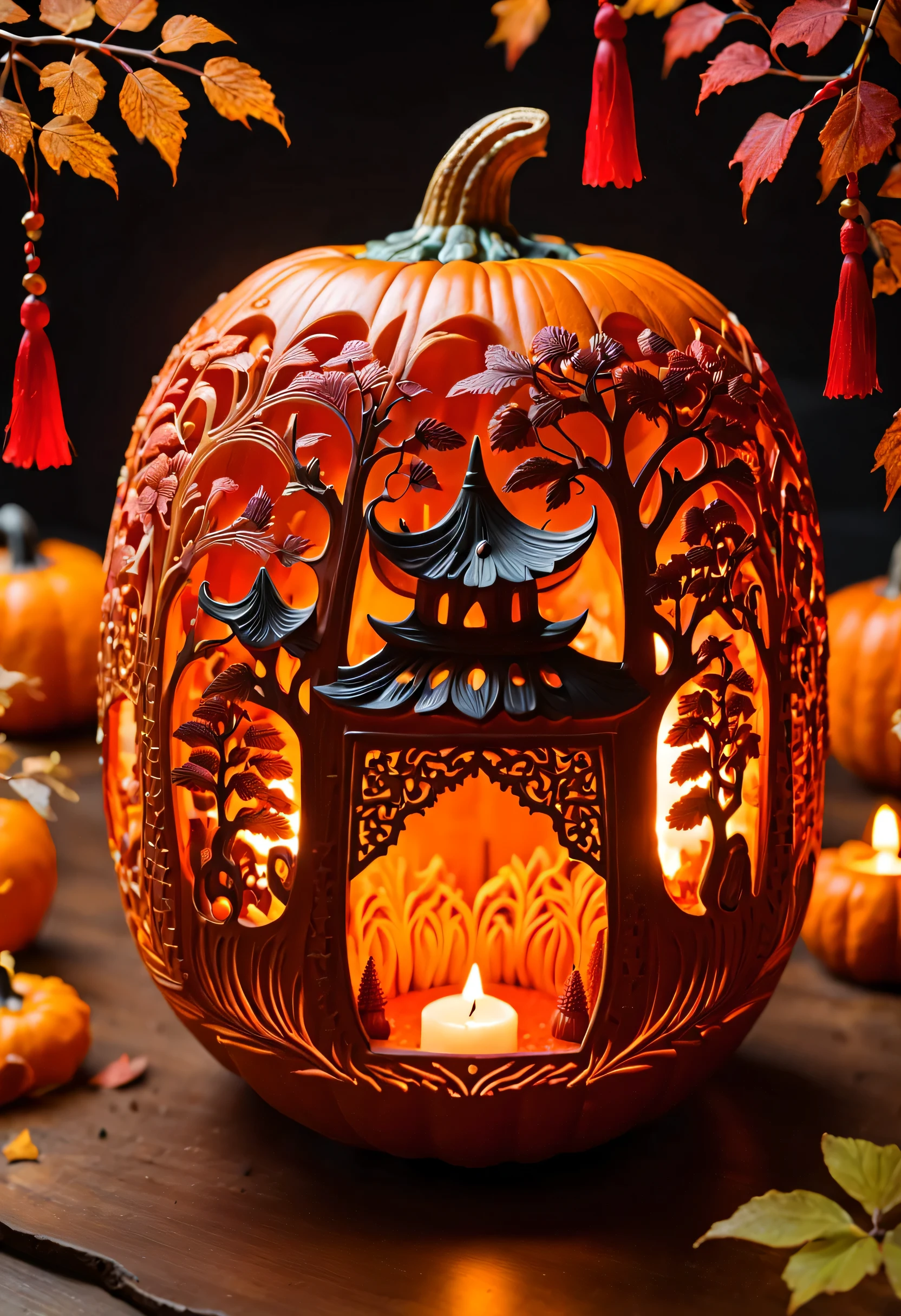 night，micro landscape，Pumpkin carved with fun forest pattern，There  a lantern here，南瓜内的micro landscape，Beautiful carving pattern on pumpkin，Empty，Warm candle flame inside pumpkin，Red tassel decoration，Pearl decoration，