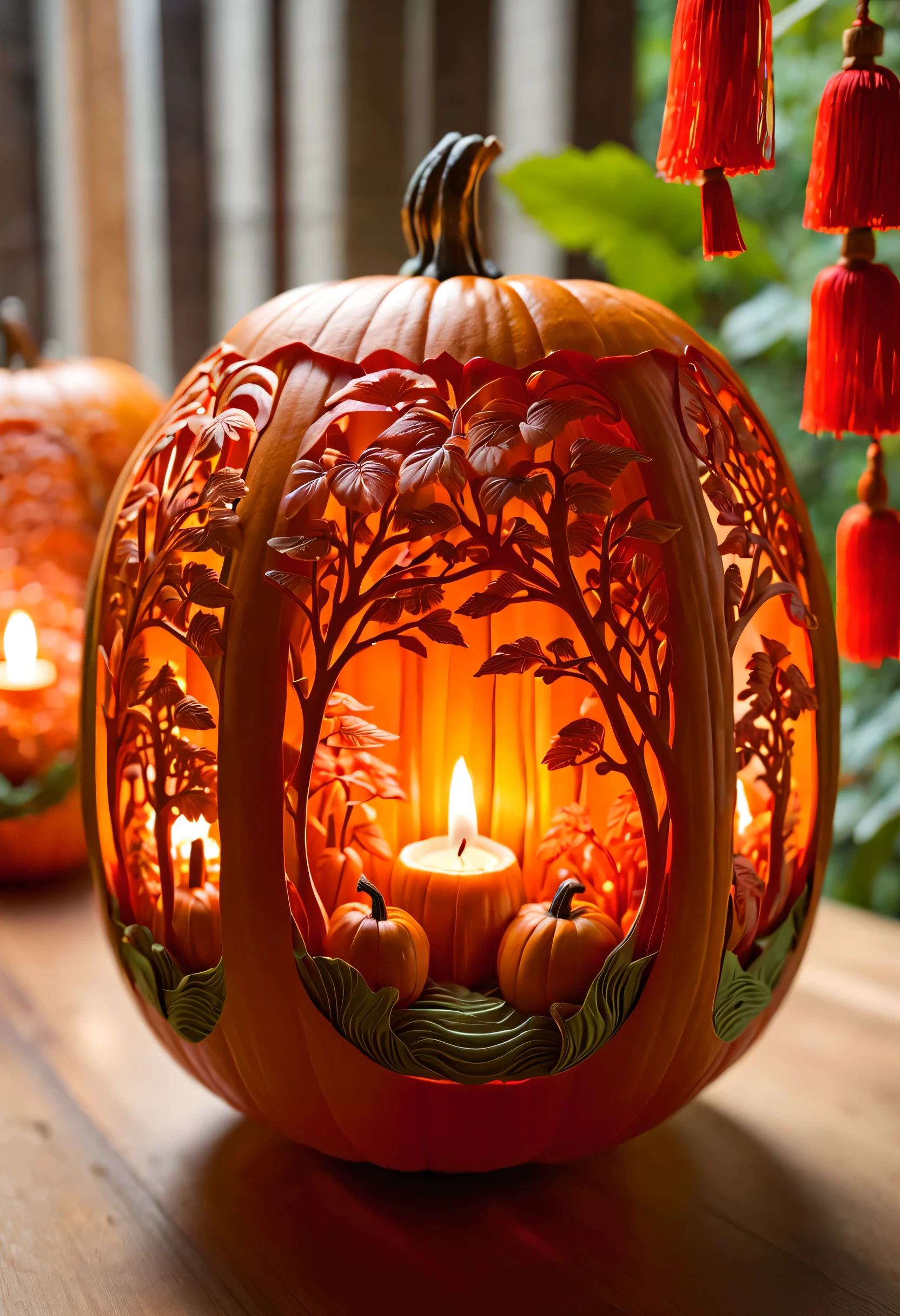 night，micro landscape，Pumpkin carved with fun forest pattern，There  a lantern here，南瓜内的micro landscape，Beautiful carving pattern on pumpkin，Empty，Warm candle flame inside pumpkin，Red tassel decoration，Pearl decoration，Chinese elements