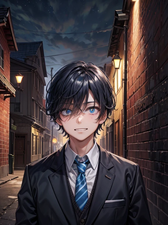 (masterpiece), best quality, high quality, dynamic light, 1boy, solo, school uniform, (blue tie), (heterochromia), (blue left eye, yellow right eye:1.1), sadistic face, smirk, show teeth, (closed teeth), (glowing yellow eye), (hairstyle: straight), black hair, middle hair, (hair covers the eye:1.2), holding a flintlock, night sky, dark alley, horror, brick wall on backround