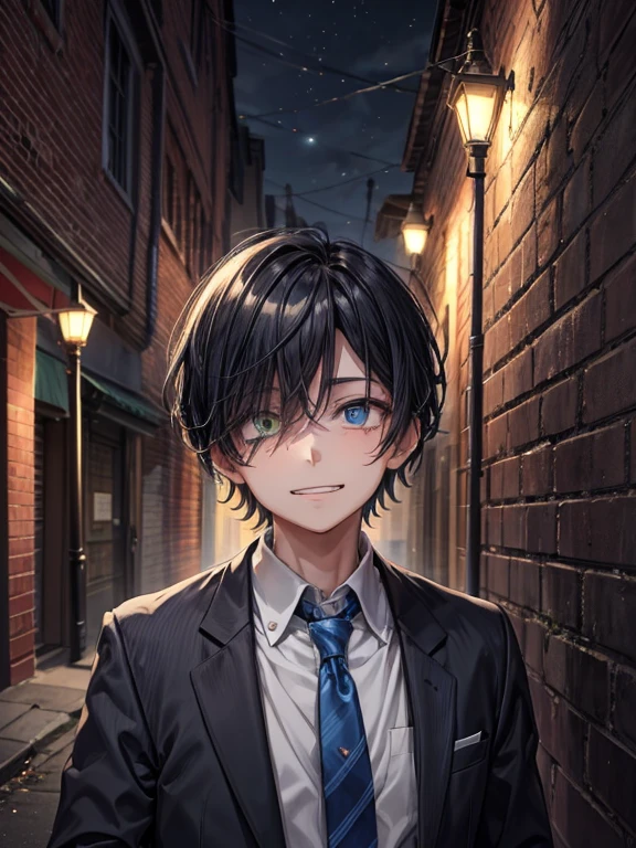 (masterpiece), best quality, high quality, dynamic light, 1boy, solo, school uniform, (blue tie), (heterochromia), (blue left eye, yellow right eye:1.1), sadistic face, smirk, show teeth, (closed teeth), (glowing yellow eye), (hairstyle: straight), black hair, middle hair, (hair covers the eye:1.2),  holding a flintlock, night sky, dark alley, horror, brick wall on backround