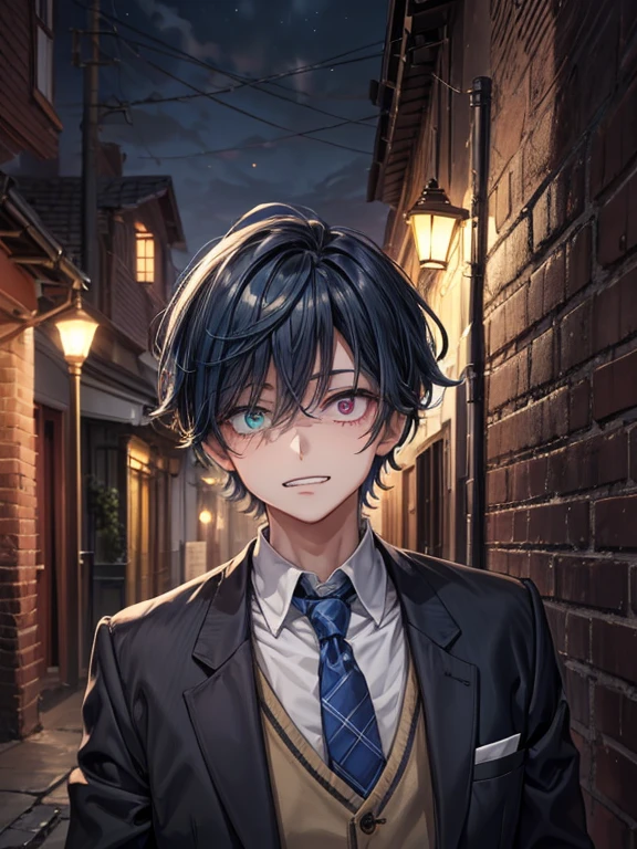 (masterpiece), best quality, high quality, dynamic light, 1boy, solo, school uniform, (blue tie), (heterochromia), (blue left eye, yellow right eye:1.1), sadistic face, smirk, show teeth, (closed teeth), (glowing yellow eye), (hairstyle: straight), black hair, middle hair, (hair covers the eye:1.2), holding a flintlock, night sky, dark alley, horror, brick wall on backround