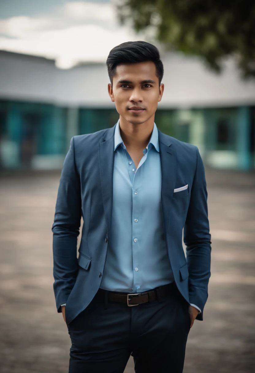 corporate style Portrait of a young malay male teacher standing, fit body, fair skin, wearing sky blue shirt, black blazer, blurred school background. hands in his pocket. detailed, high resolution.