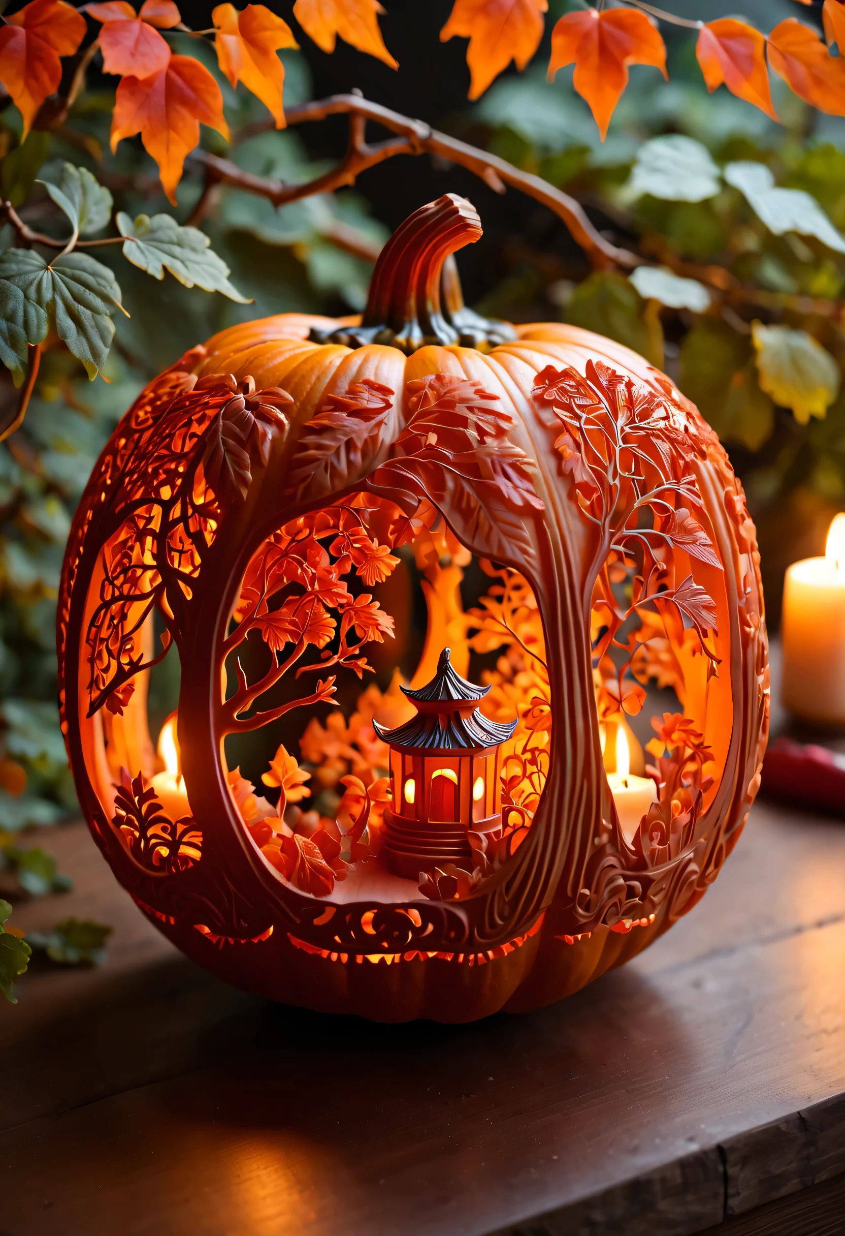 night，micro landscape，Pumpkin carved with fun forest pattern，pumpkin lantern，南瓜内的micro landscape，Beautiful carving pattern on pumpkin，Empty，Warm candle flame inside pumpkin，Red tassel decoration，Pearl decoration，Chinese elements，Pumpkin vine