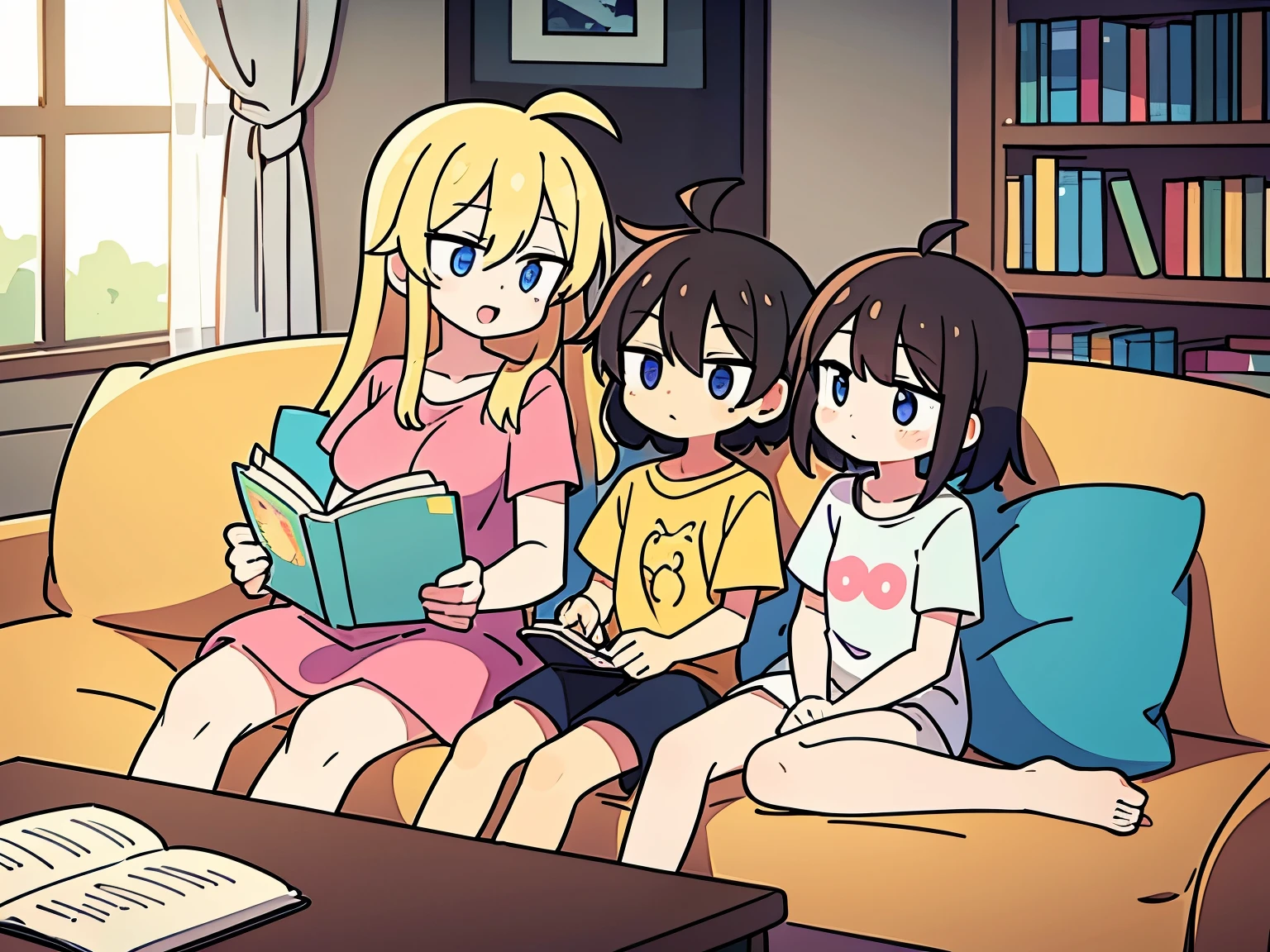 A busty two headed woman with an older woman and a cute younger girl as her two heads on one body sitting with two other girls watching a movie. She’s at a sleepover with the younger girl head’s friends. The older head is masturbating her huge cock and cumming while the young head is trying to watch a movie with her friends without her older head constantly making her cum white semen and showing the other girls her huge cock and balls.