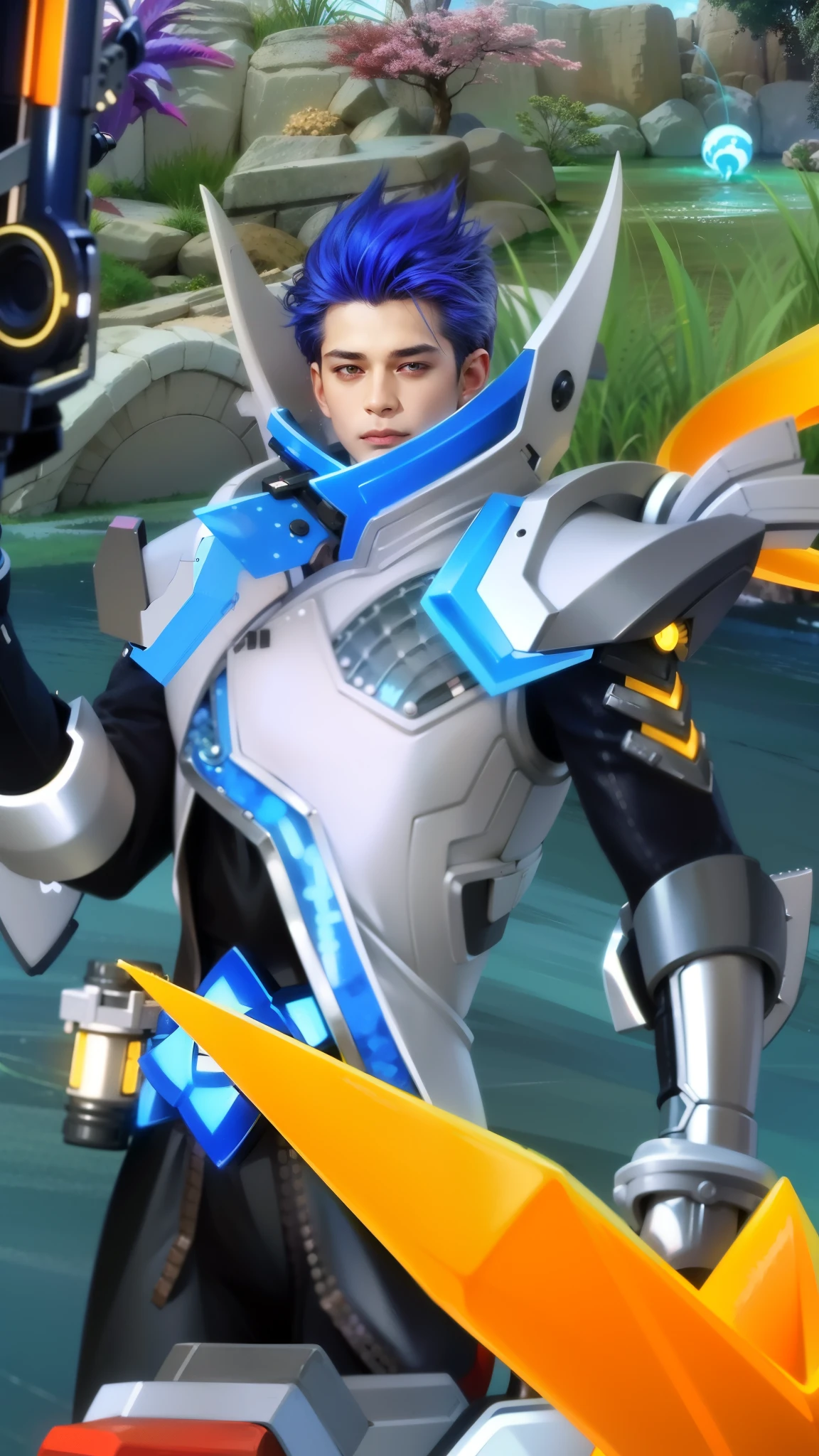 masculine male, masterpiece, ((perfect eyeest quality, (semirealism:1.9), beautiful lighting, (extremely detailed CG unity 4k fhd wallpaper), High Detail, Sharp focus, dramatic outdoors, 1 boy ,19 years old, blue hair, light purpel eyes, 1boy,blue hair, best quality, photo, 4k,looking at viewer,full body,wear red armor.