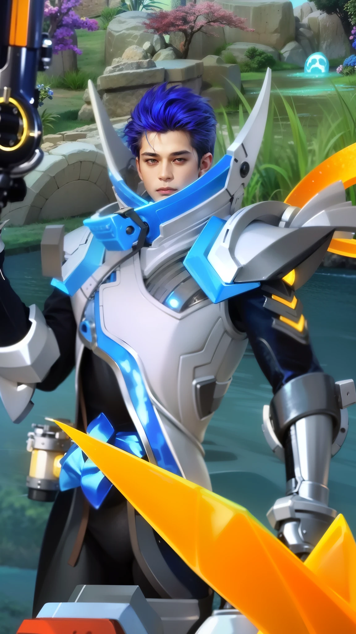 masculine male, masterpiece, ((perfect eyeest quality, (semirealism:1.9), beautiful lighting, (extremely detailed CG unity 4k fhd wallpaper), High Detail, Sharp focus, dramatic outdoors, 1 boy ,19 years old, blue hair, light purpel eyes, 1boy,blue hair, best quality, photo, 4k,looking at viewer,full body,wear red armor.