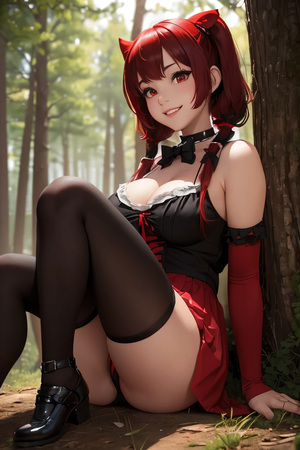 Happy smile, (college slut:1.1), (nice big breasts), (sitting position:1.2), looking upward, (hd photography:1.1), (detailed face and eyes:1.2), (little red riding-hood), ahegao, sitting on forest, (open legs), emo woman, (gradient hair black and red), (heavy breasts), short hair, (pigtail), red eyes, (full body).