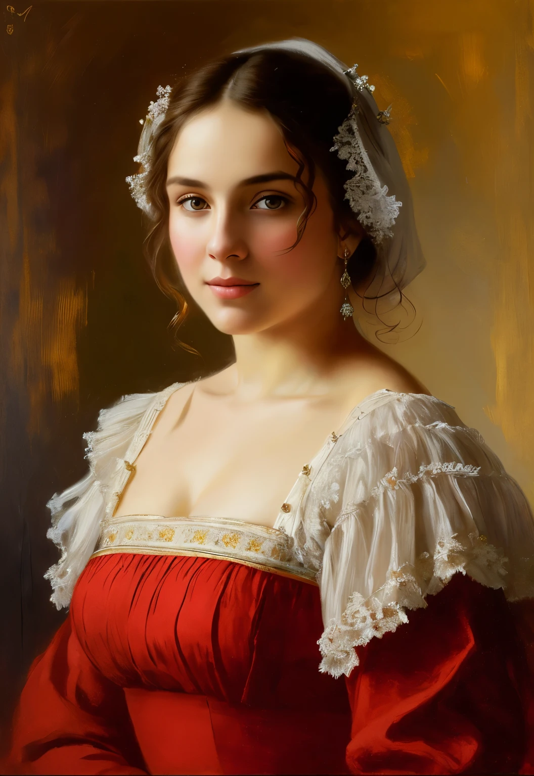 Masterpiece, Best quality, Ethereal beauty, portrait, girl, 35 years old Woman, middle ages, classicism, andrey atroshenko style, painting, traditional media, realistic, figurative, fine art, oil on canvas, HDR, 8K, original character, high resolution, high detail, focus on the face