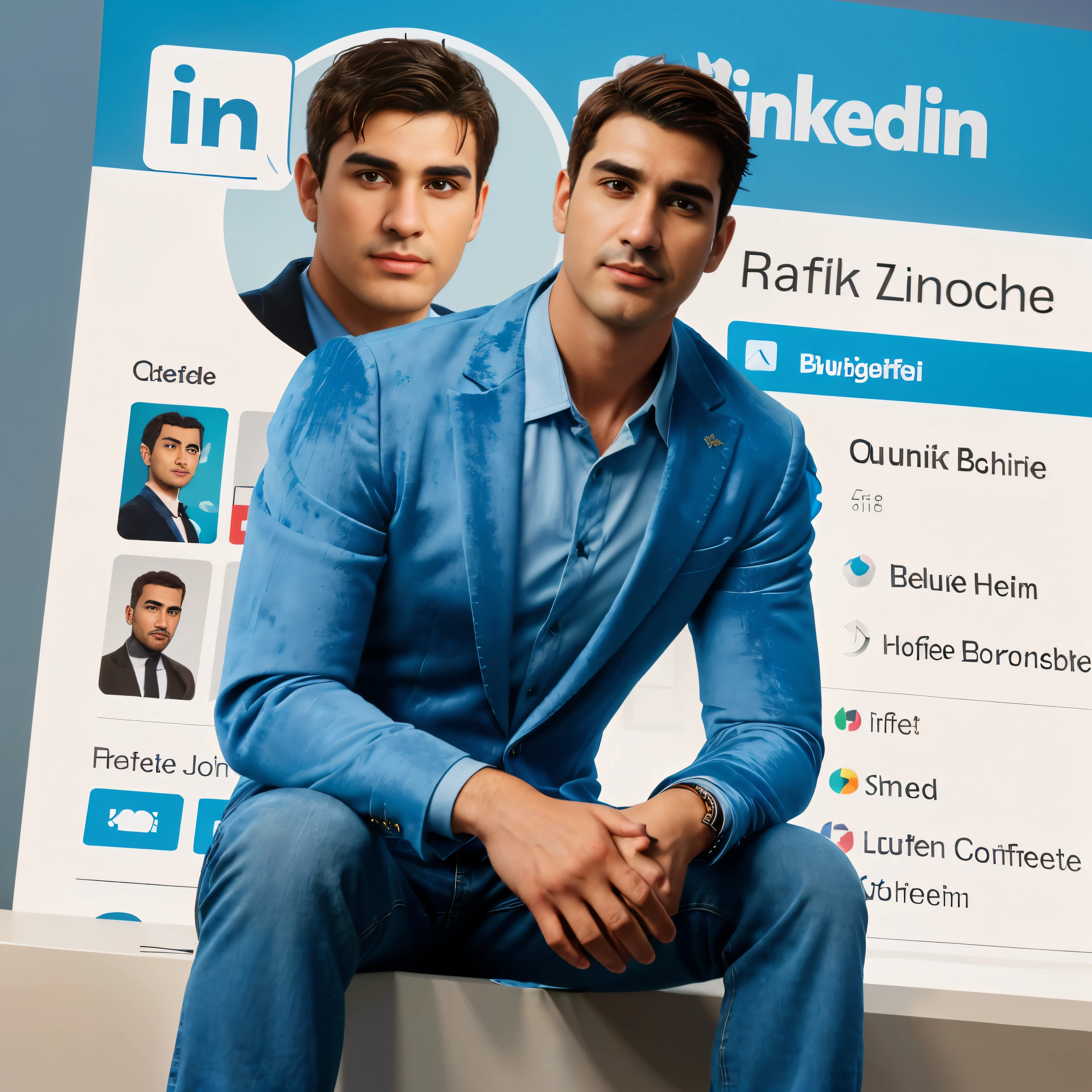 Créez une illustration 3D d'un personnage animé assis nonchalamment sur un logo de réseau social "Connexion". Le personnage est un bel homme (Vêtu d'une veste en velours bleu,chemise blanche et jean noir:1.2),Grand et en forme , ( 40 ans :1.2), (rasé:1.2), (cheveux bruns très courts:1.3), ((cheveux très courts:1.3)). The background of the image is a social media Connexion profile page with the user name "Rafik ZIBOUCHE " et une photo de profil qui correspond au personnage animé.