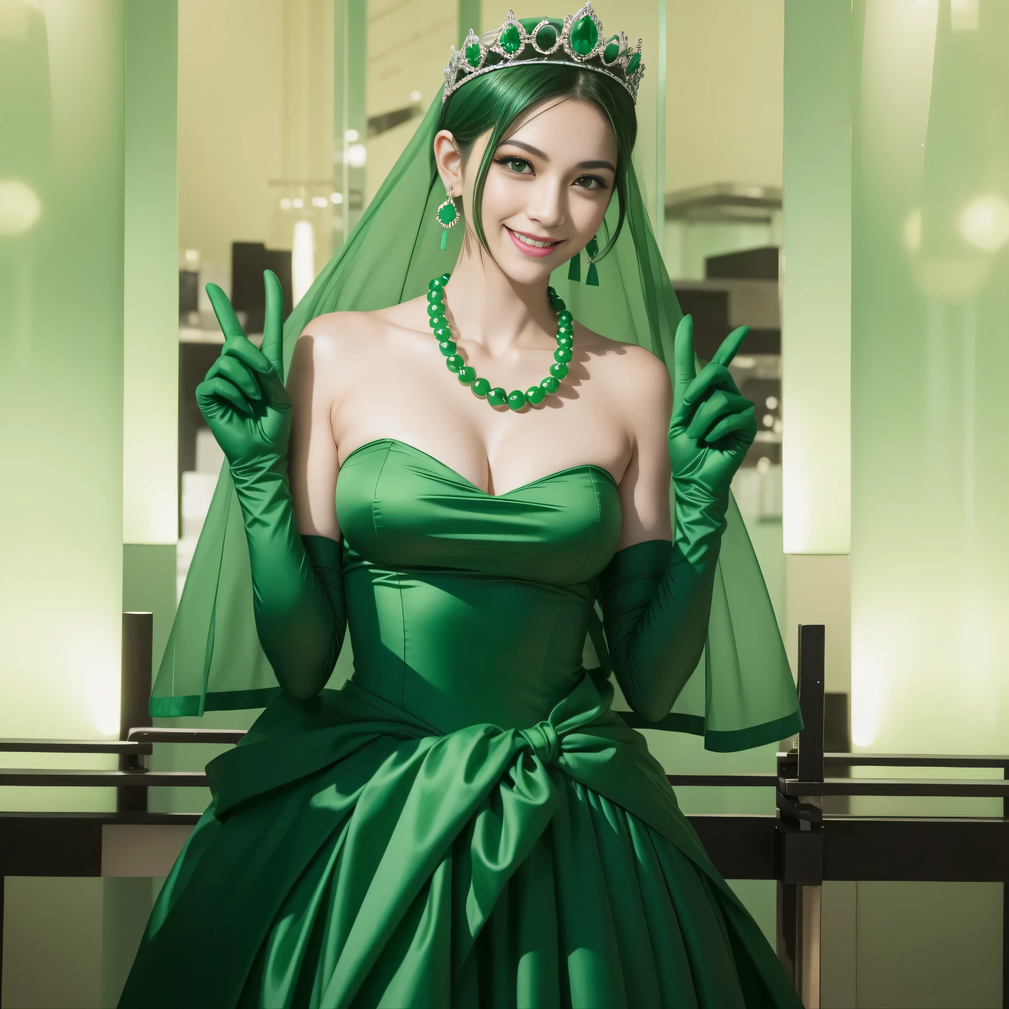 emerald tiara, Green Pearl Necklace, Boyish very short green hair, lipstick, Japan woman smiling, very short hair, big breasts beautiful, green eyes, Long green gloves made of satin material, green eyes, V sign, Emerald Earrings, green vale, 両手でV sign
