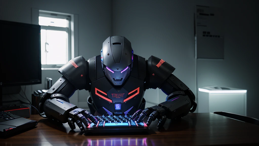 robot using a fine backlit gaming keyboard