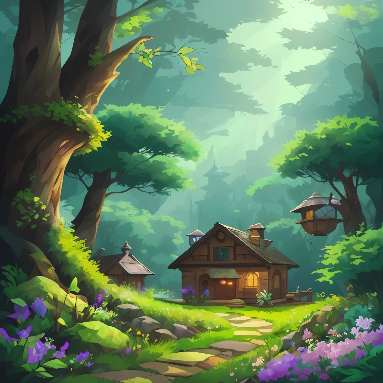 uma pequena cidade cercada por colinas verdes e prados de flores, estilo cartoon, Cores, bidimensional, vetor planar, design de personagens, design de camisetas, Adesivos, salpicos coloridos, e design de camisetas, Estilo Studio Ghibli, cor tetrad suave, arte vetorial, arte de fantasia, efeito aquarela, Alphonse Mucha, Adobe Illustrator, pintura digital, low polygon, soft lighting, Aerial view, isometric style, retro aesthetics, foco nas pessoas, 8K resolution, octan render