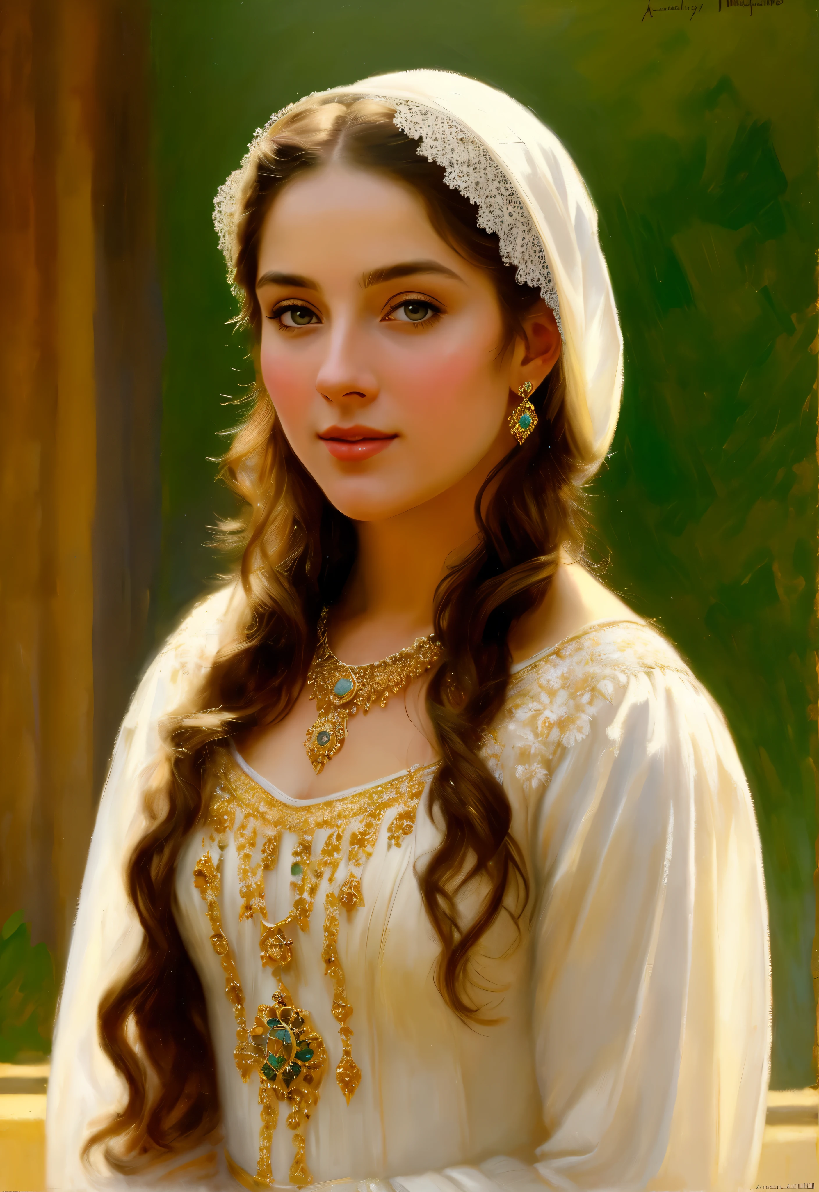 Masterpiece, Best quality, Ethereal beauty, portrait, girl, 35 years old Woman, middle ages, classicism, andrey atroshenko style, painting, traditional media, realistic, figurative, fine art, oil on canvas, HDR, 8K, original character, high resolution, high detail, focus on the face